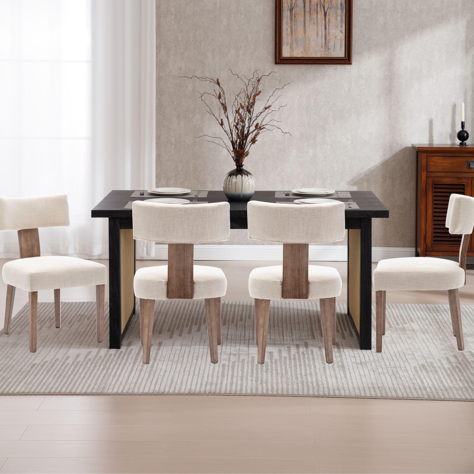 Wahson Beige Upholstered Dining Chairs Set of 4 - Modern Farmhouse Kitchen Chairs with Wood Legs & Linen Fabric, Curved Wingback Design for Living Room, Bedroom, Dining Room - Comfortable Seating for Family Gatherings & Home Decor