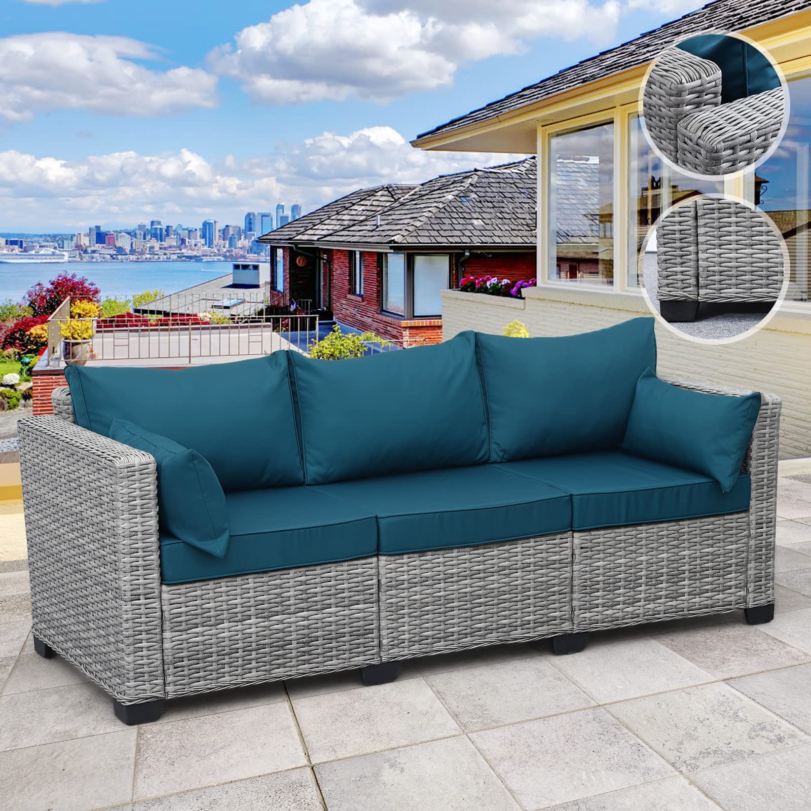 Rattaner 3-Piece Grey Wicker Patio Furniture Set - Waterproof Outdoor Couch with Deep Seat & High Backrest, Anti-Slip Cushions (Peacock Blue) - Perfect for Poolside, Garden, Deck, and Backyard Relaxation