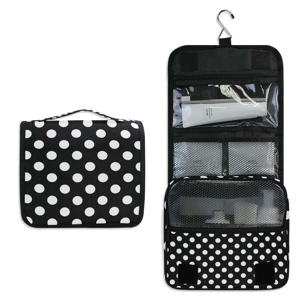 AGONA Hanging Toiletry Bag for Women & Men - Black White Polka Dot Travel Cosmetic Organizer with Sturdy Hook | Portable Makeup Pouch for Bathroom, Gym, Camping & Vacation Essentials Storage