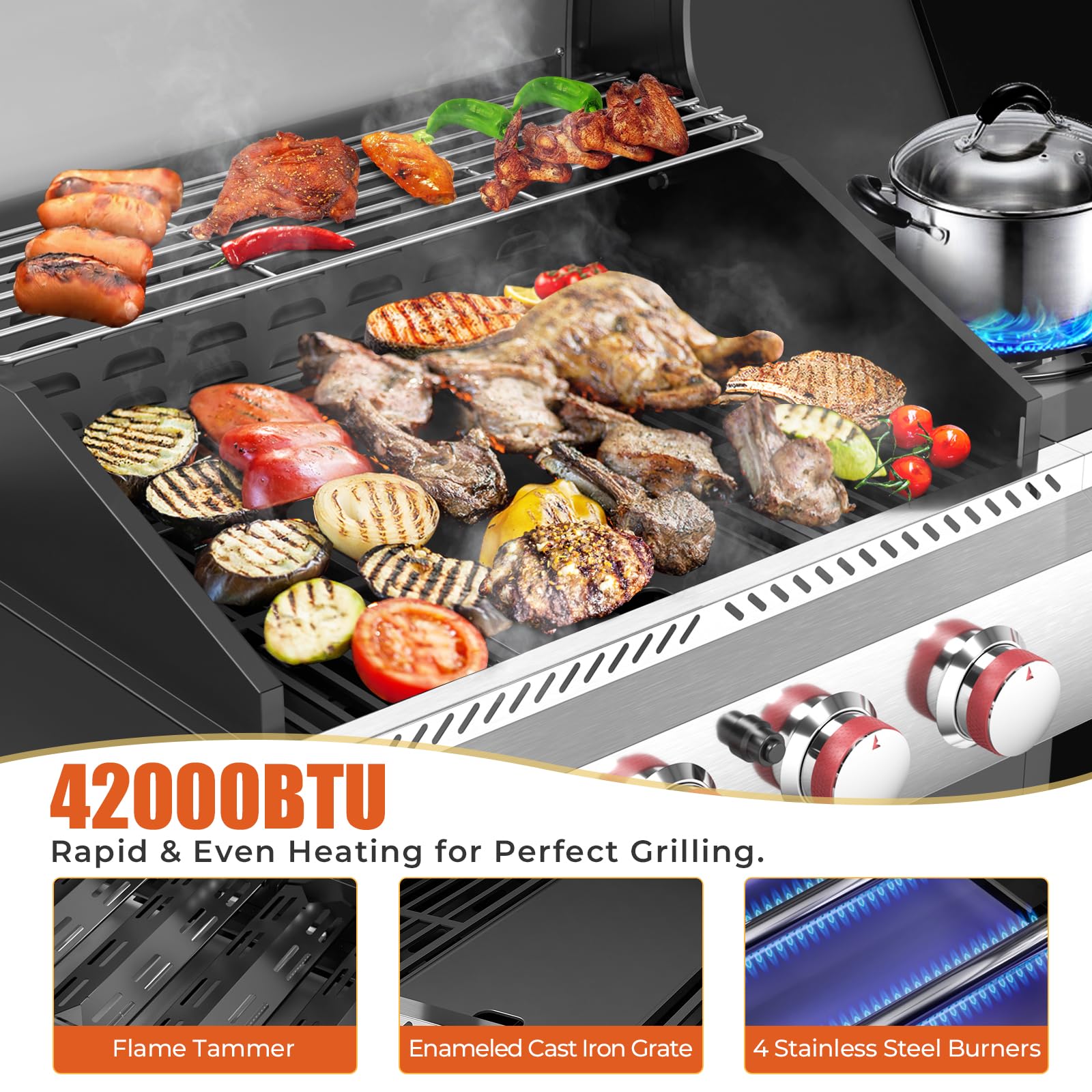 R.W.FLAME 4-Burner Propane Gas Griddle Grill Combo - 42,000 BTU, 561 sq.in Cooking Surface with Porcelain-Enameled Cast Iron Grates & Griddle Plate - Includes Side Burner for Outdoor BBQ, Backyard Parties, Camping & Tailgating - Silver Patio Grill for Garden, Deck & Picnic Use