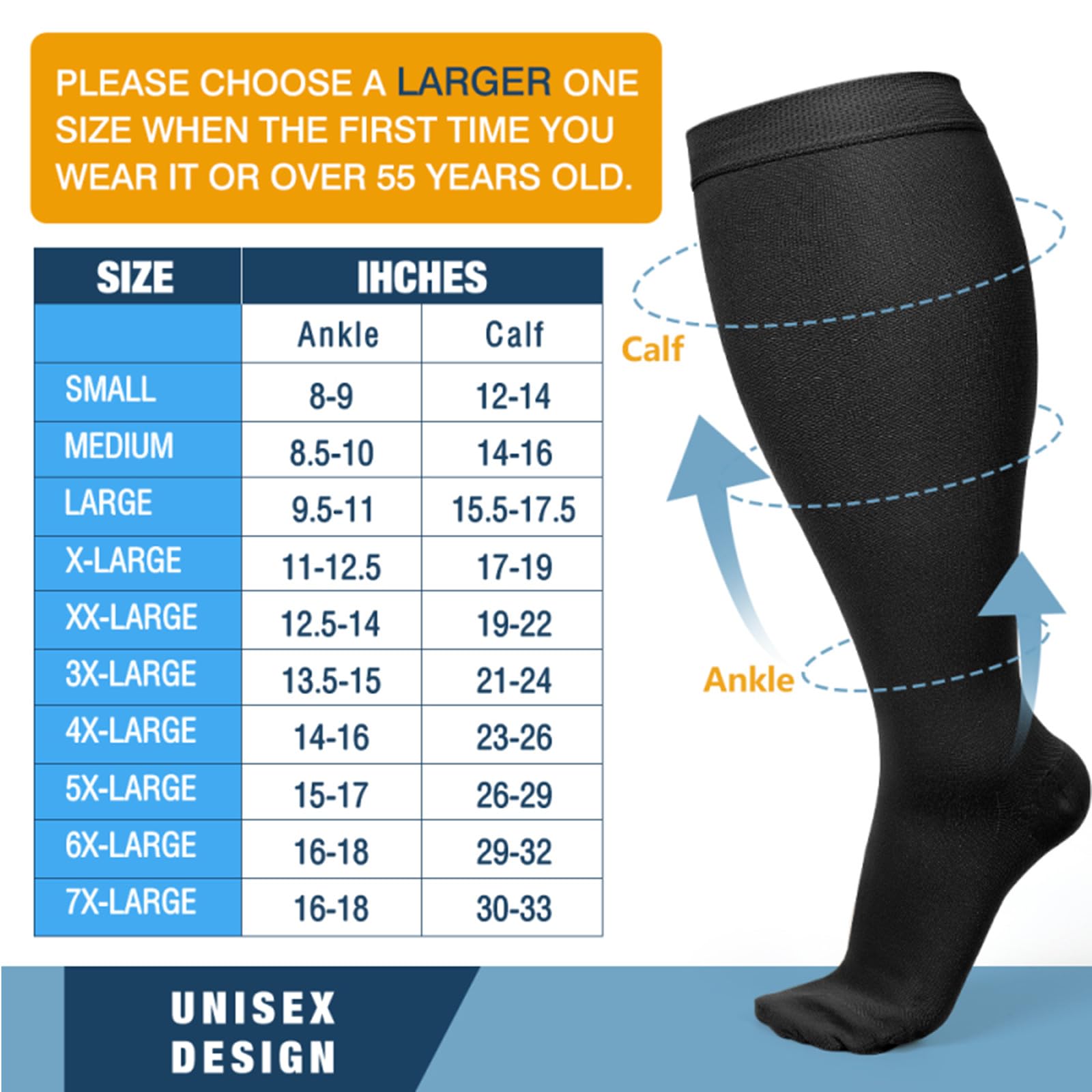 AKSO MEDICOS 20-30 mmHg Compression Socks for Women & Men - Plus Size Wide Calf Knee High Support Stockings for Varicose Veins, Swelling, Edema & Circulation - Black 7XL - Ideal for Travel, Nursing & Long Hours Standing