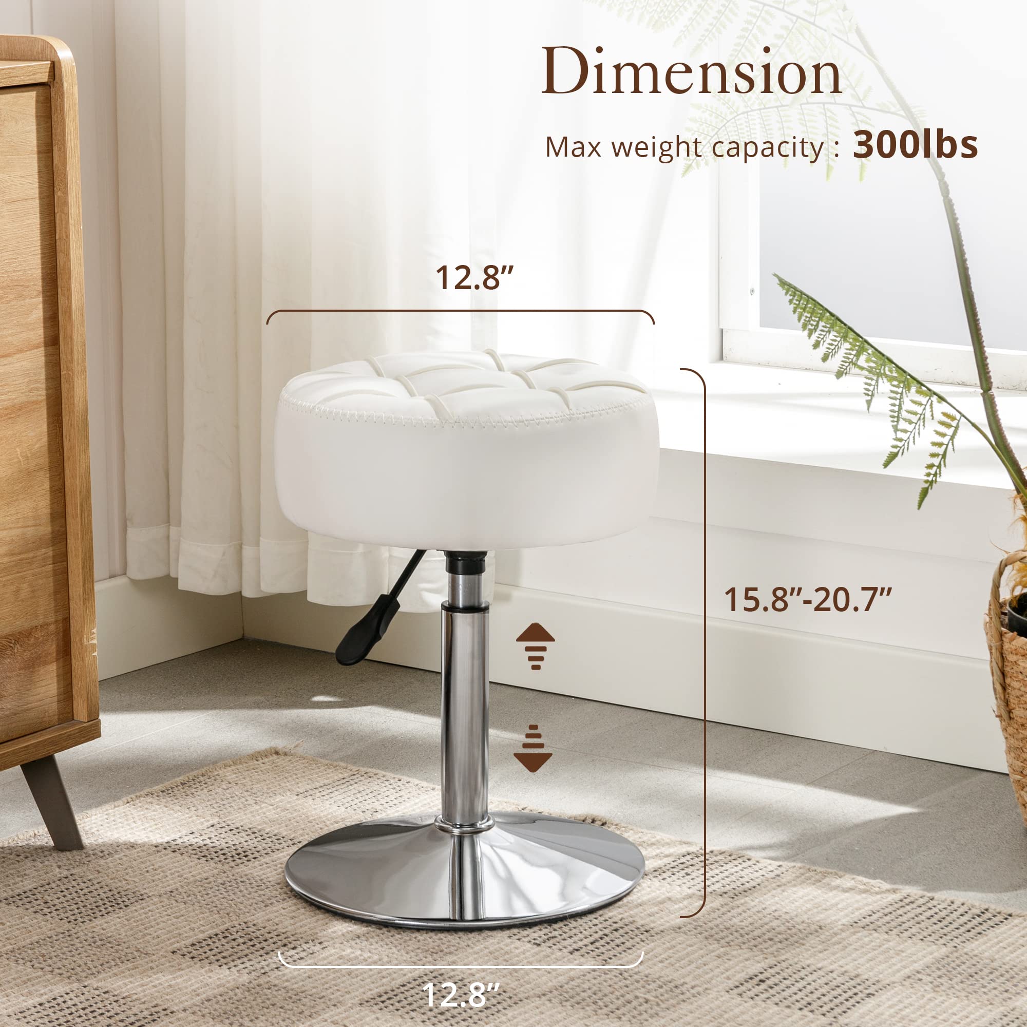 LUE BONA Adjustable Vanity Stool with 360° Swivel - White Faux Leather Makeup Chair for Bathroom, Bedroom & Living Room - Perfect for Dressing Table, Cosmetics Station and Home Decor