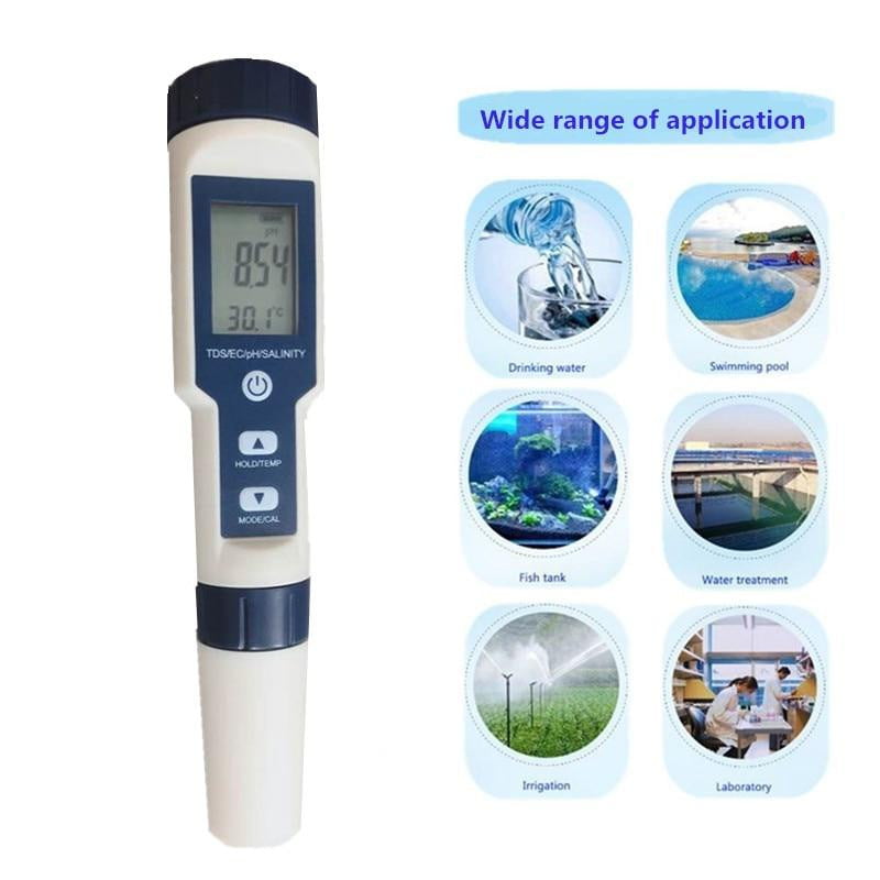 5 in 1 Water Quality Tester - Digital PH Meter, TDS EC Salinity Tester with Thermometer | Waterproof Pool, Aquarium, Hydroponics Testing Kit for Home & Laboratory Use