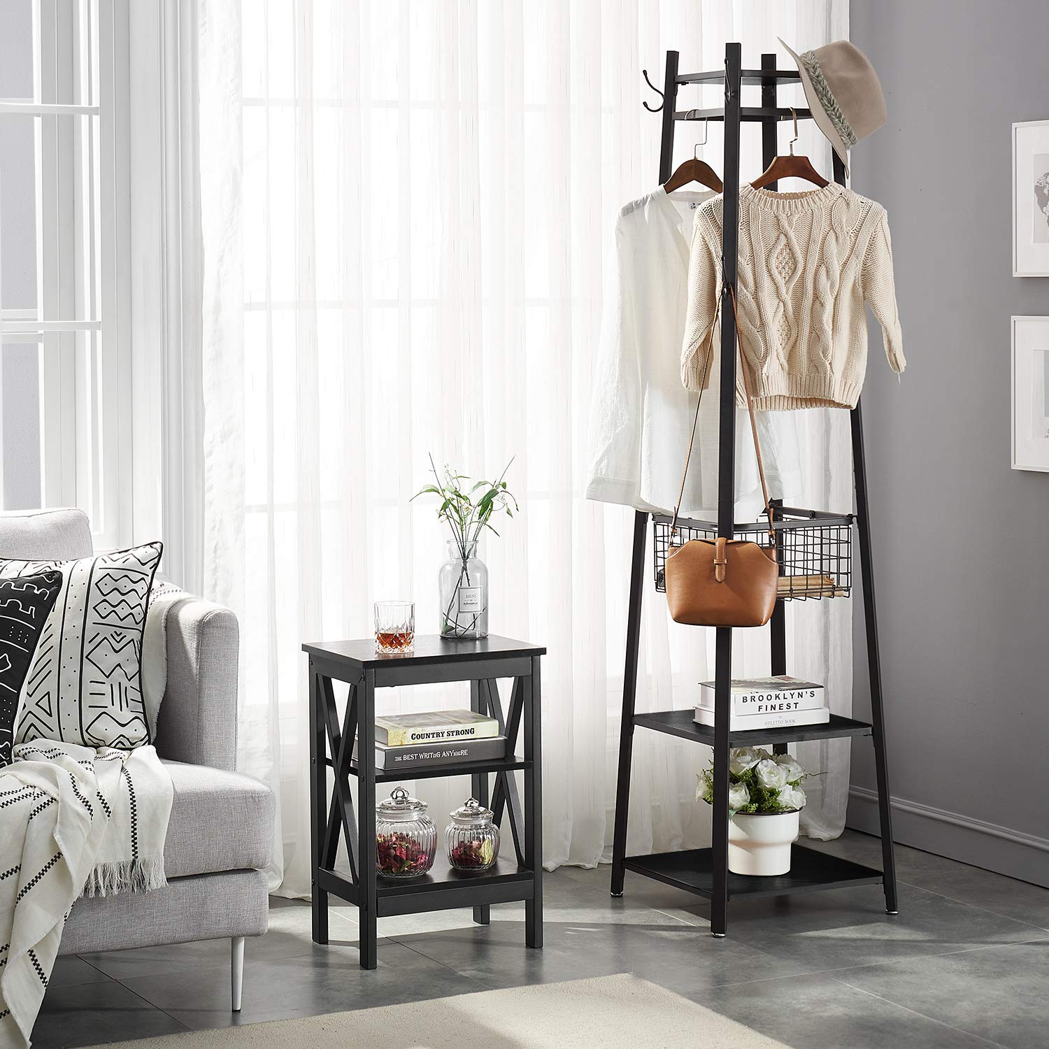 VECELO Heavy Duty Industrial Coat Rack with 2-Tier Storage Shelves & Metal Basket - 8 Dual Hooks Entryway Hall Tree for Jackets, Hats & Bags - Perfect for Mudroom, Entryway & Commercial Spaces (Black)