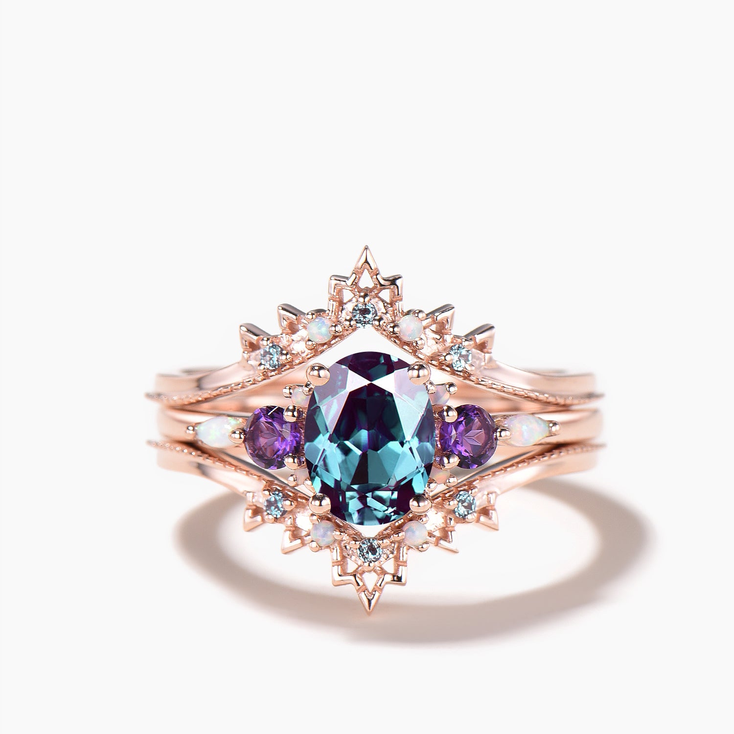 Oval Cut Color Changing Alexandrite Amethyst Ring with Opal Crown Enhancer - Bridal Wedding Set for Engagement, Anniversary & Special Occasions