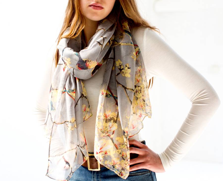 Personalized Monogram Soft Bird Print Scarf for Women - Lightweight Fashion Accessory for Fall Winter Outfits, Gift Ideas & Travel Essentials