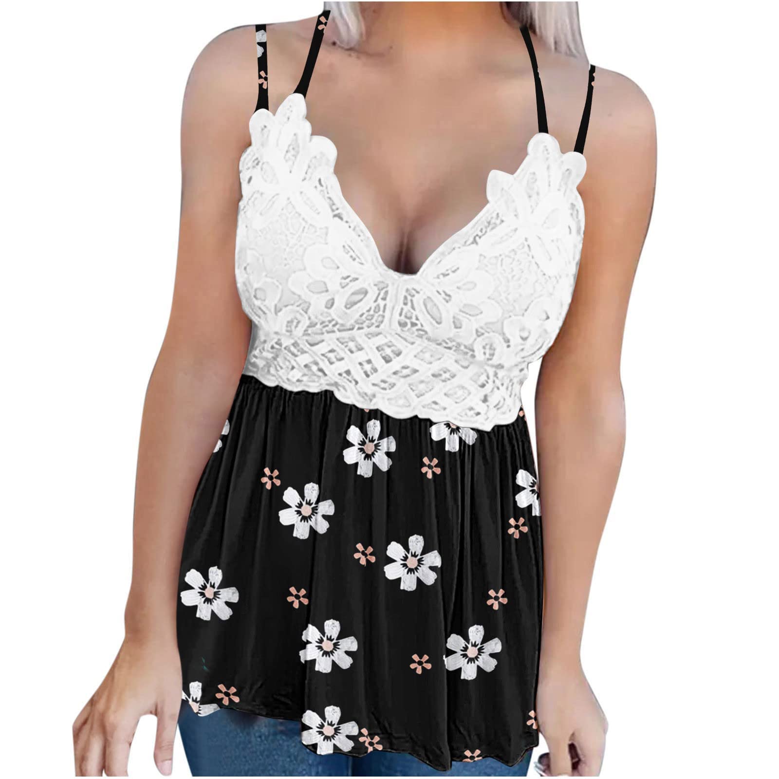 Women's Fashion Lace Patchwork Printed Vest Sleeveless Blouse with Suspenders - Casual Going Out Tops for Summer, Date Night & Party Wear