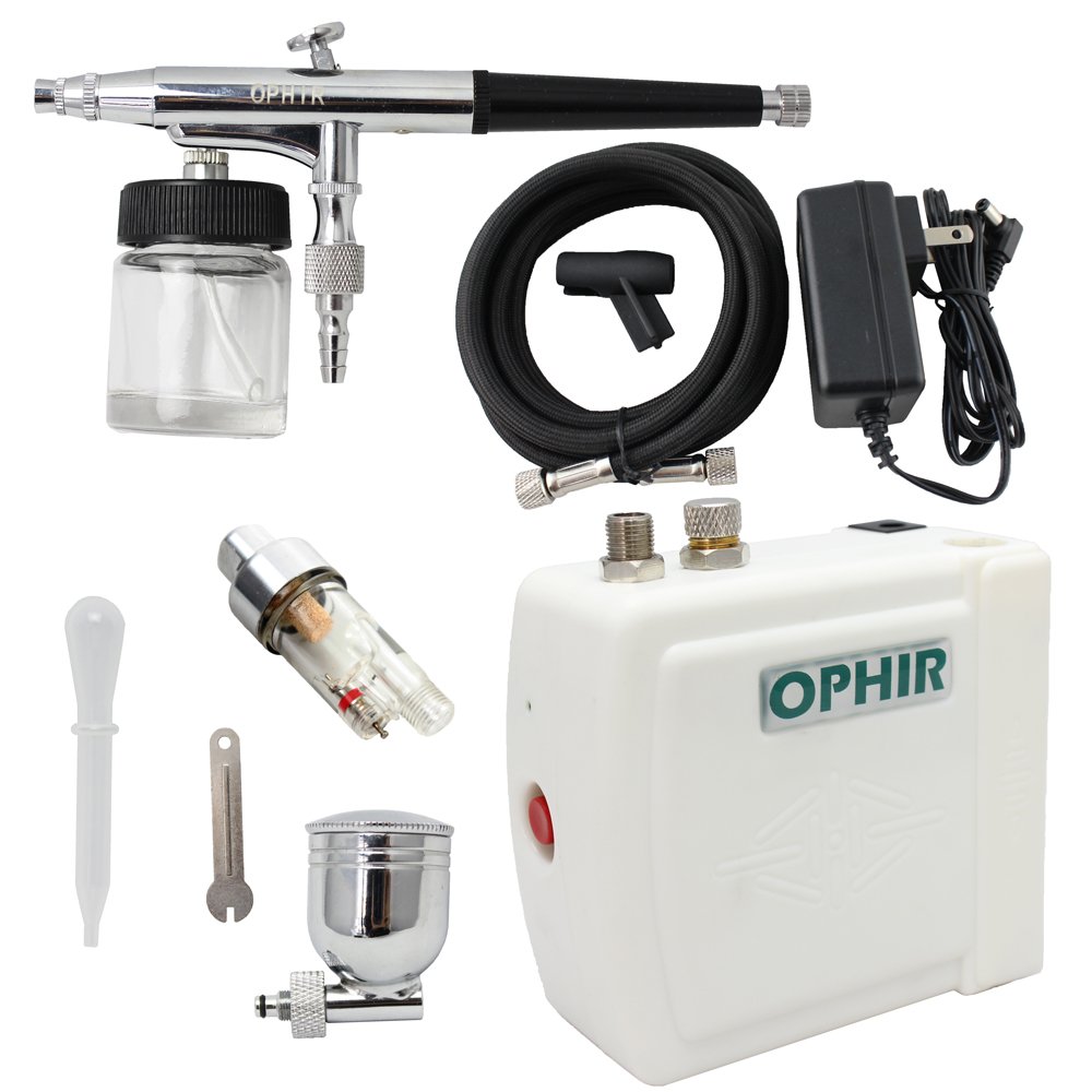 OPHIR 0.3mm Airbrush Kit with 22cc Pot - Professional Air Compressor Spray Gun for Temporary Tattoos, Makeup, Hobby & Art Projects - Perfect for Body Painting, Cake Decorating & Model Building (White)