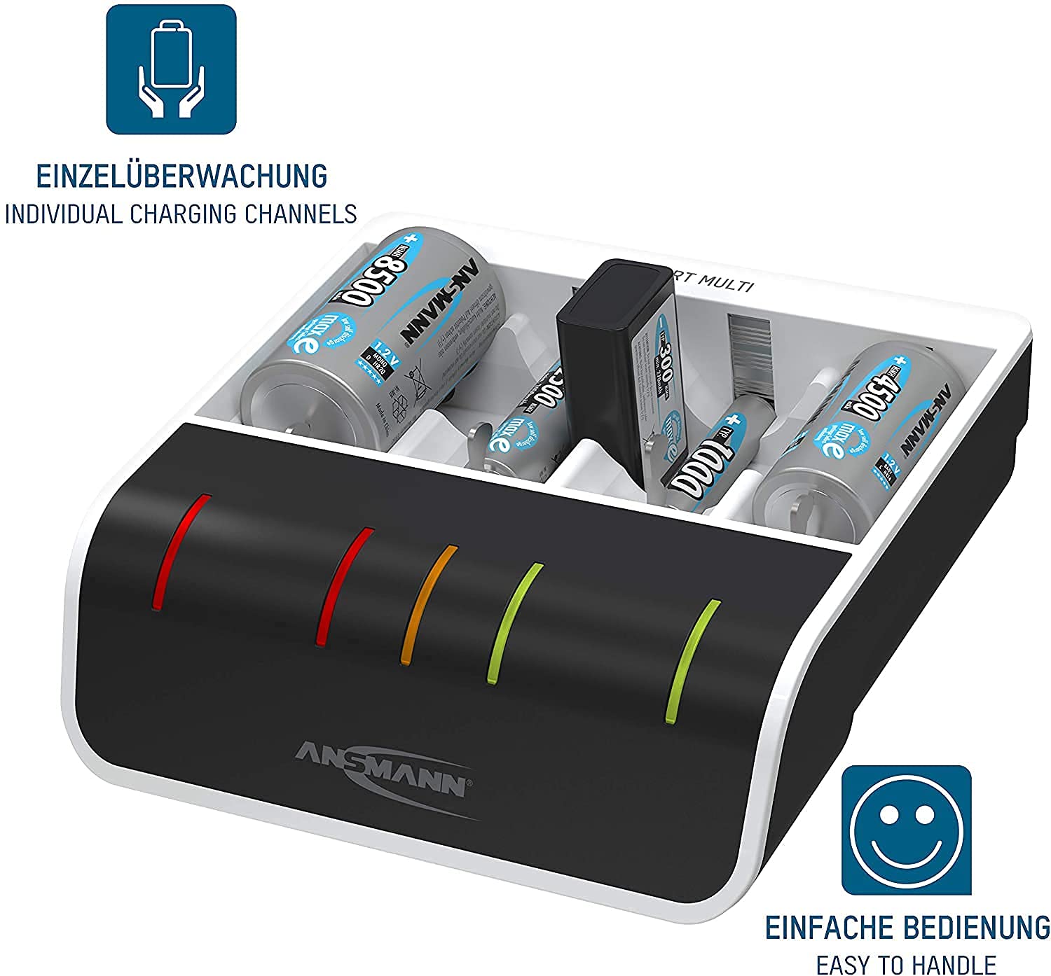 Ansmann Multi Battery Charger for 4X NiMH AA/AAA/C/D + 1x 9V Block Batteries - Fast Charging with Perfect-7 Technology & Repair Mode - Universal Battery Charger for Home, Office, and Emergency Use (Model 1001-0093-US)