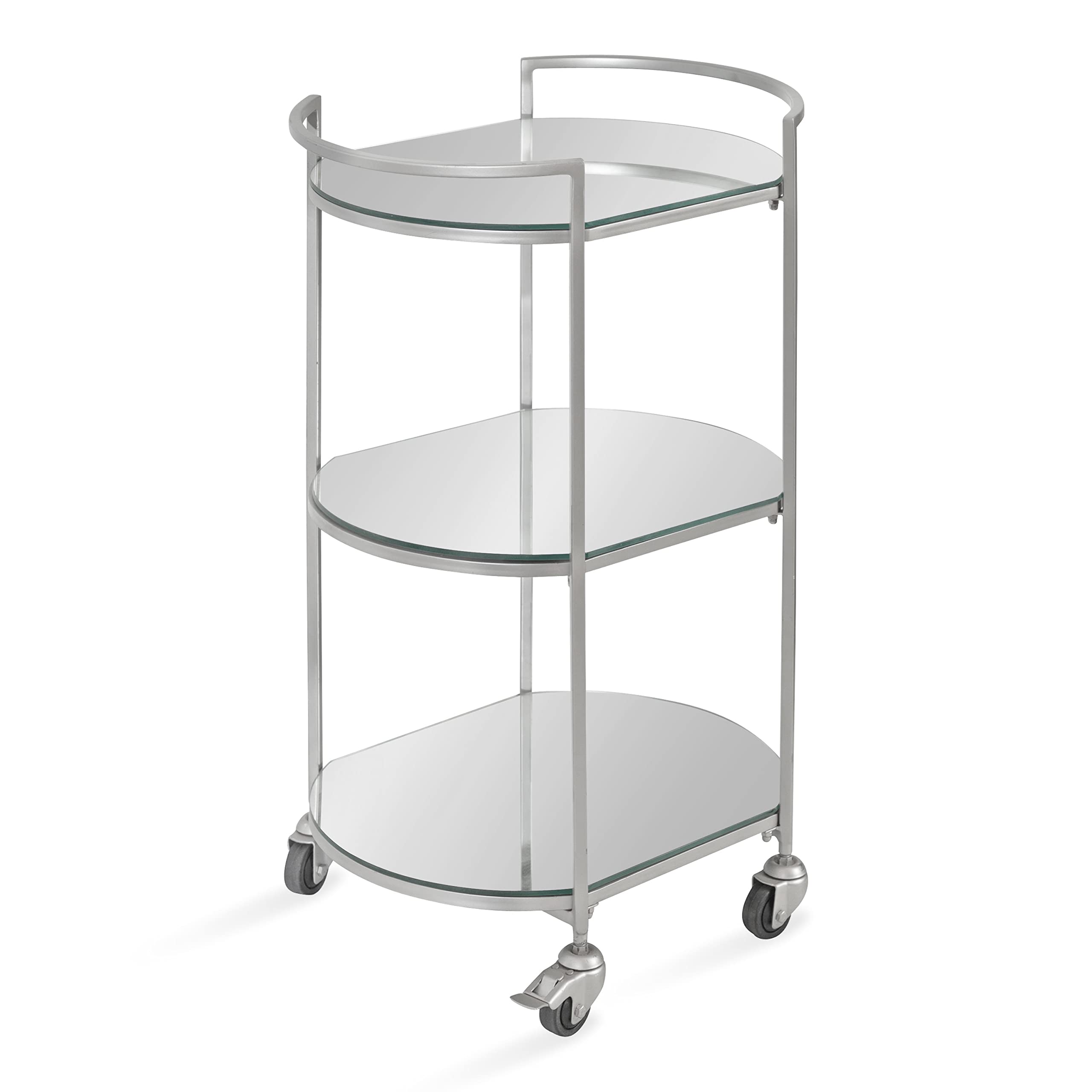 Kate and Laurel Vasseur Modern Bar Cart - 3-Tier Mirrored Glass Rolling Cart with Storage Shelves, Silver, 19
