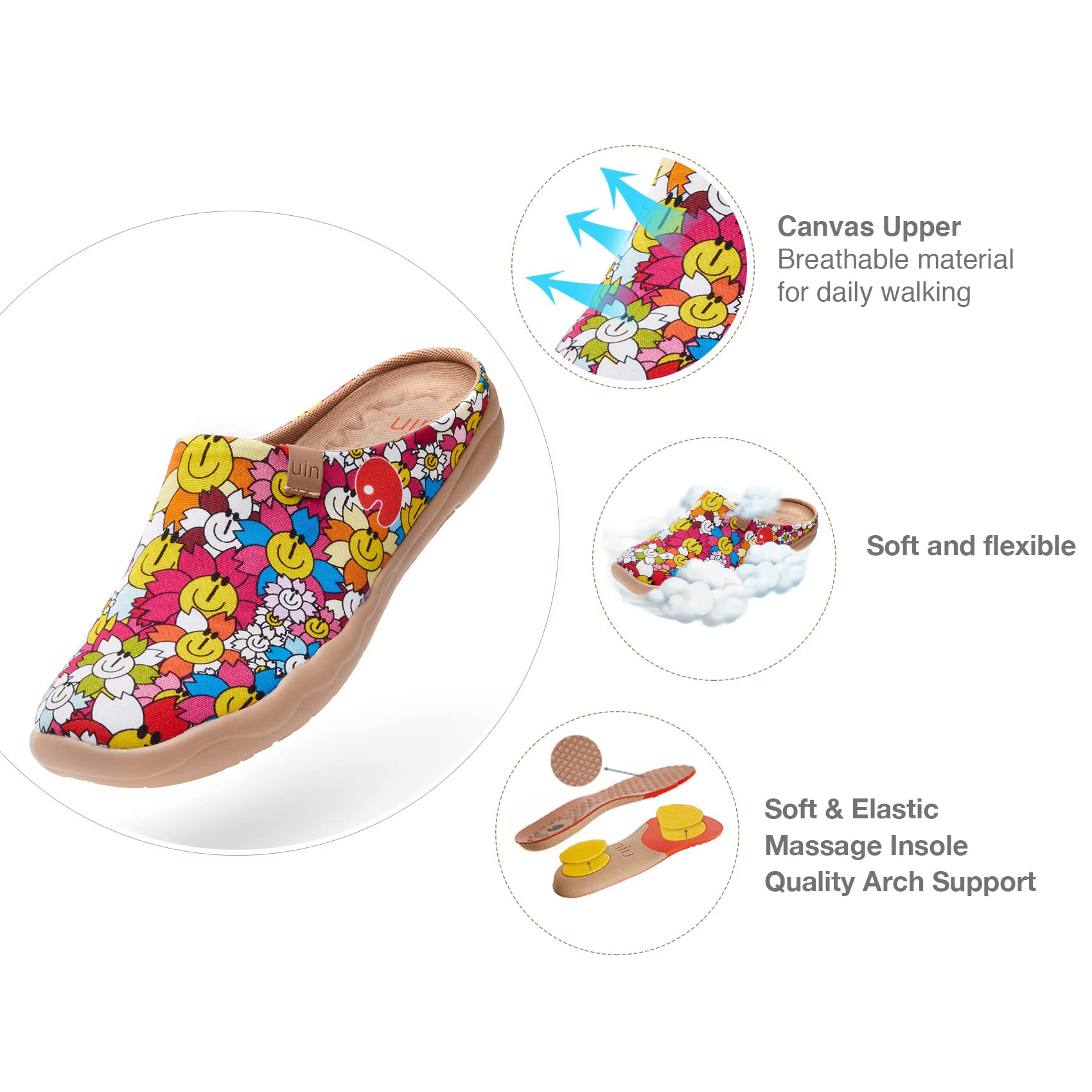 UIN Women's Slip On Mules - Comfortable Lightweight Clogs with Wide Toe & Artistic Paint Design - Malaga Series Casual Shoes for Travel, Walking & Everyday Wear