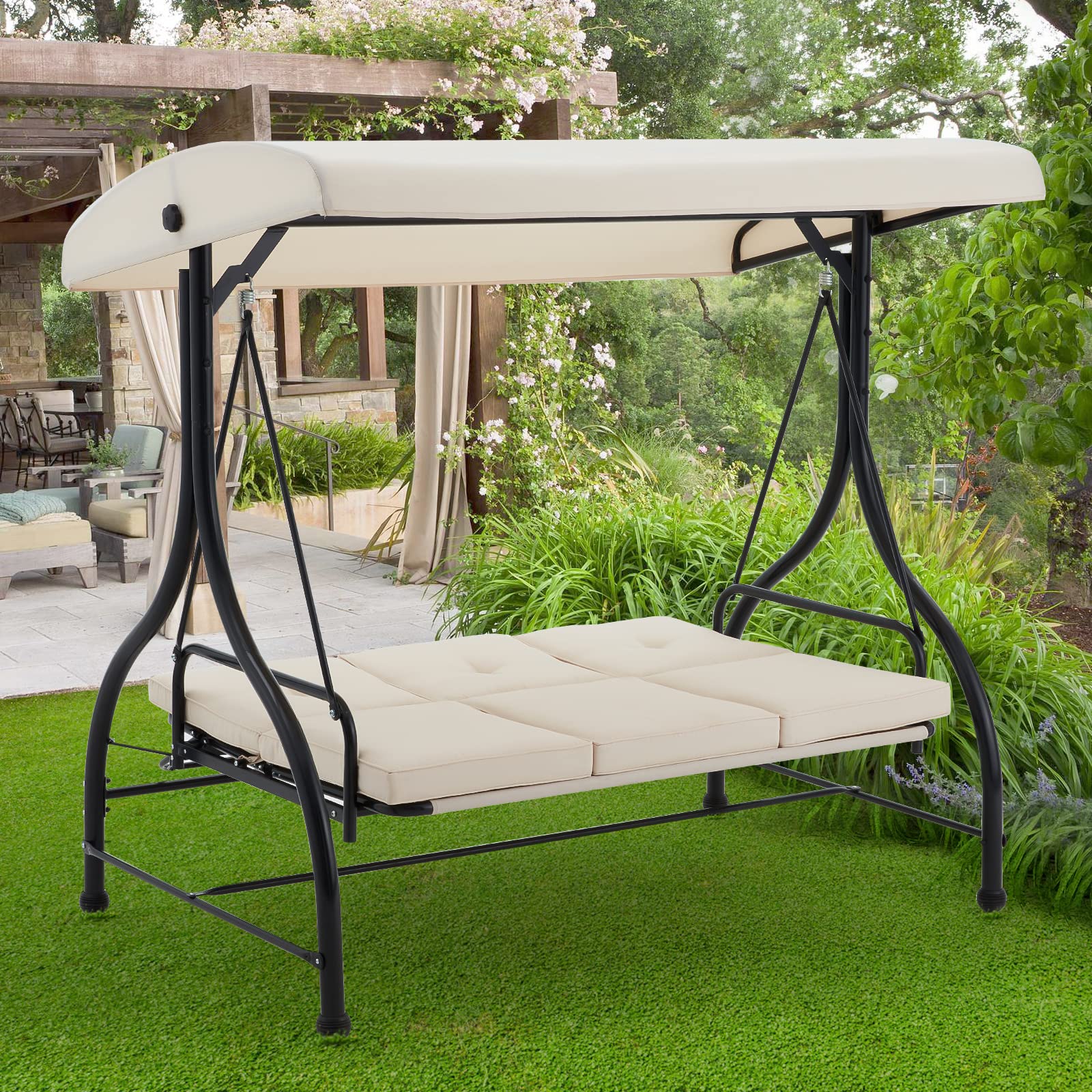 AECOJOY 3-Seat Porch Swing Chair with Adjustable Canopy & Stand - Outdoor Patio Swing Bed with Removable Beige Cushions - Perfect for Backyard, Garden, and Deck Relaxation