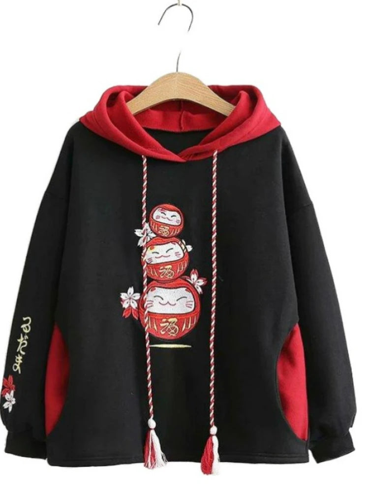 Black Fleece Hooded Sweatshirt for Women - Harajuku Style Oversized Pullover with Chinese Embroidery | Winter Warm Fleece Hoodie | Perfect for Casual Wear, Street Fashion and Cold Weather Outfits