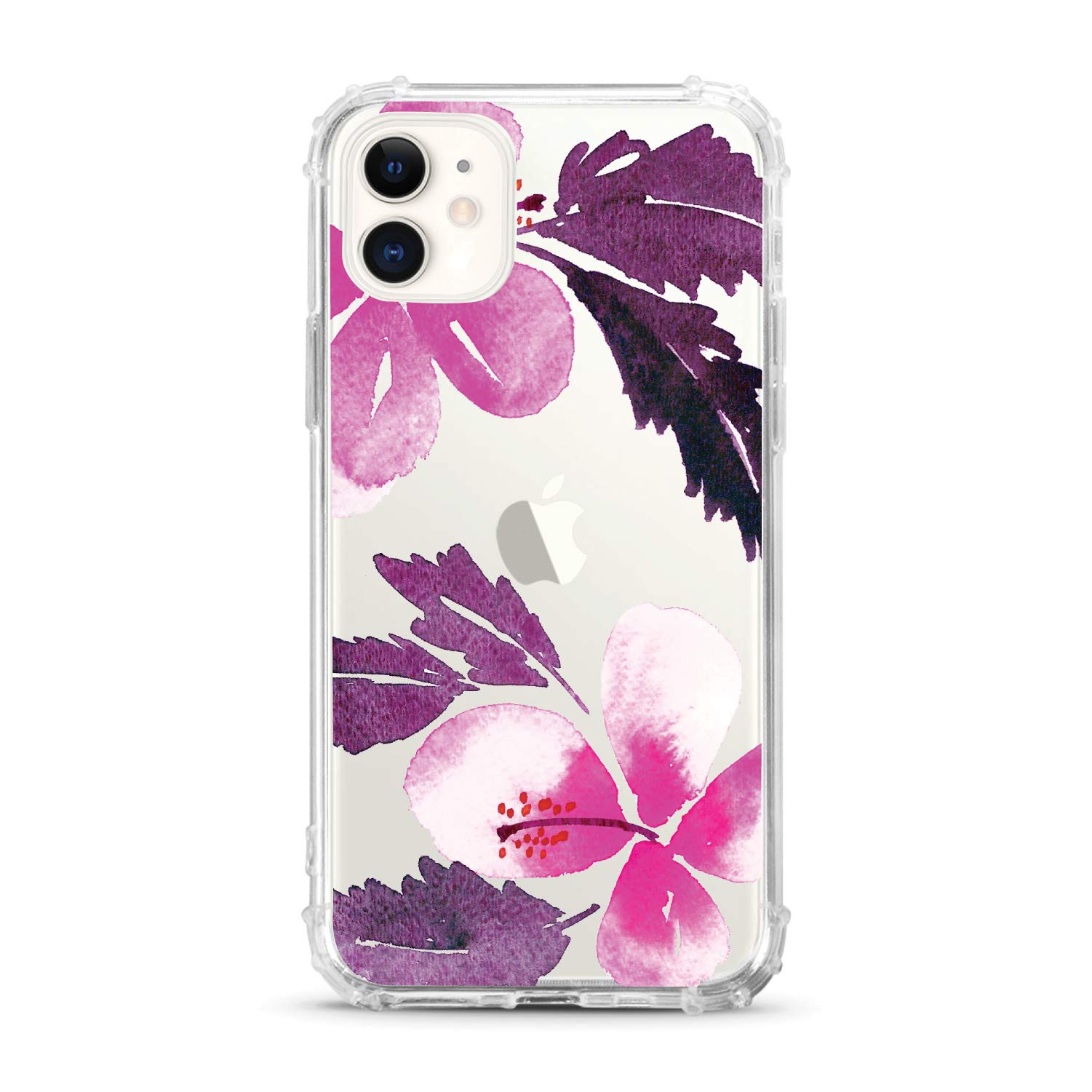 OTM Essentials Clear Tough Edge Phone Case Compatible with iPhone 11 - Shockproof Protective Cover in Hibiscus Pink & Purple - Perfect for Everyday Use, Work & Outdoor Activities