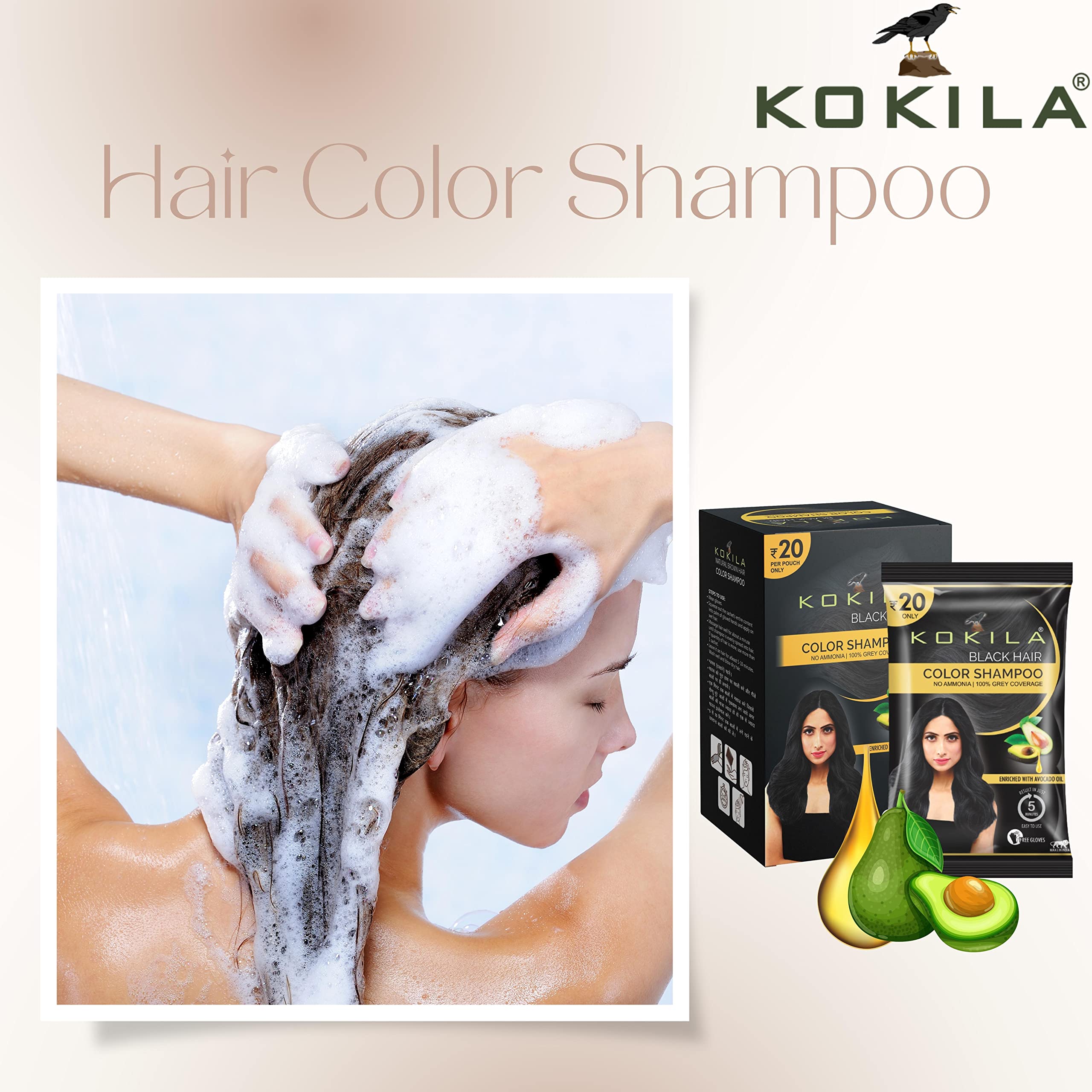 Kokila Unisex Instant Hair Color Shampoo with Almond Oil - 5 Minute Long-Lasting Black Hair Dye (10 Pack, 15ML Each) - Perfect for Quick Touch-Ups, Gray Coverage & At-Home Hair Coloring