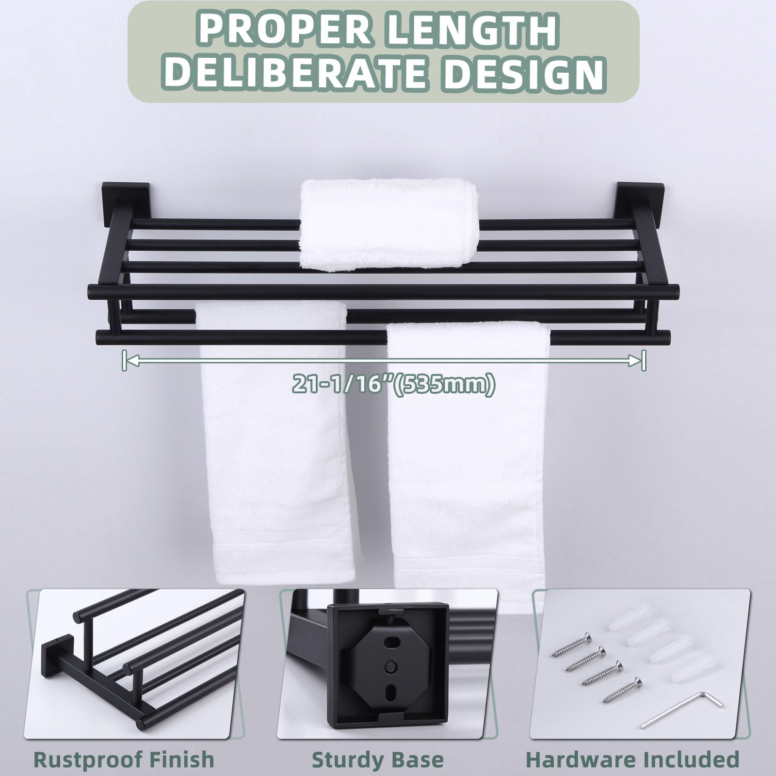 Stainless Steel Wall Mounted Bath Towel Rack with Shelf - Double Towel Holder & Bar - Matte Black 23.62 Inch - Modern Bathroom Storage for Showers & Spas