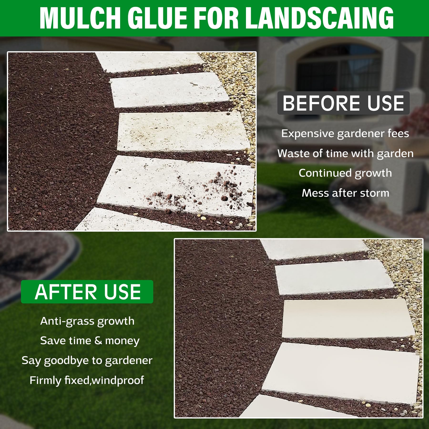 **Mulch Glue - 0.5 Gallon (64oz) Non-Toxic Mulch Adhesive & Gravel Binder with Applicator for Landscaping & Gardens - Ready-to-Use Landscape Lock Glue for Pea Gravel, Rocks, Stones, Bark - Perfect for Pathways, Play Areas & Decorative Landscaping**