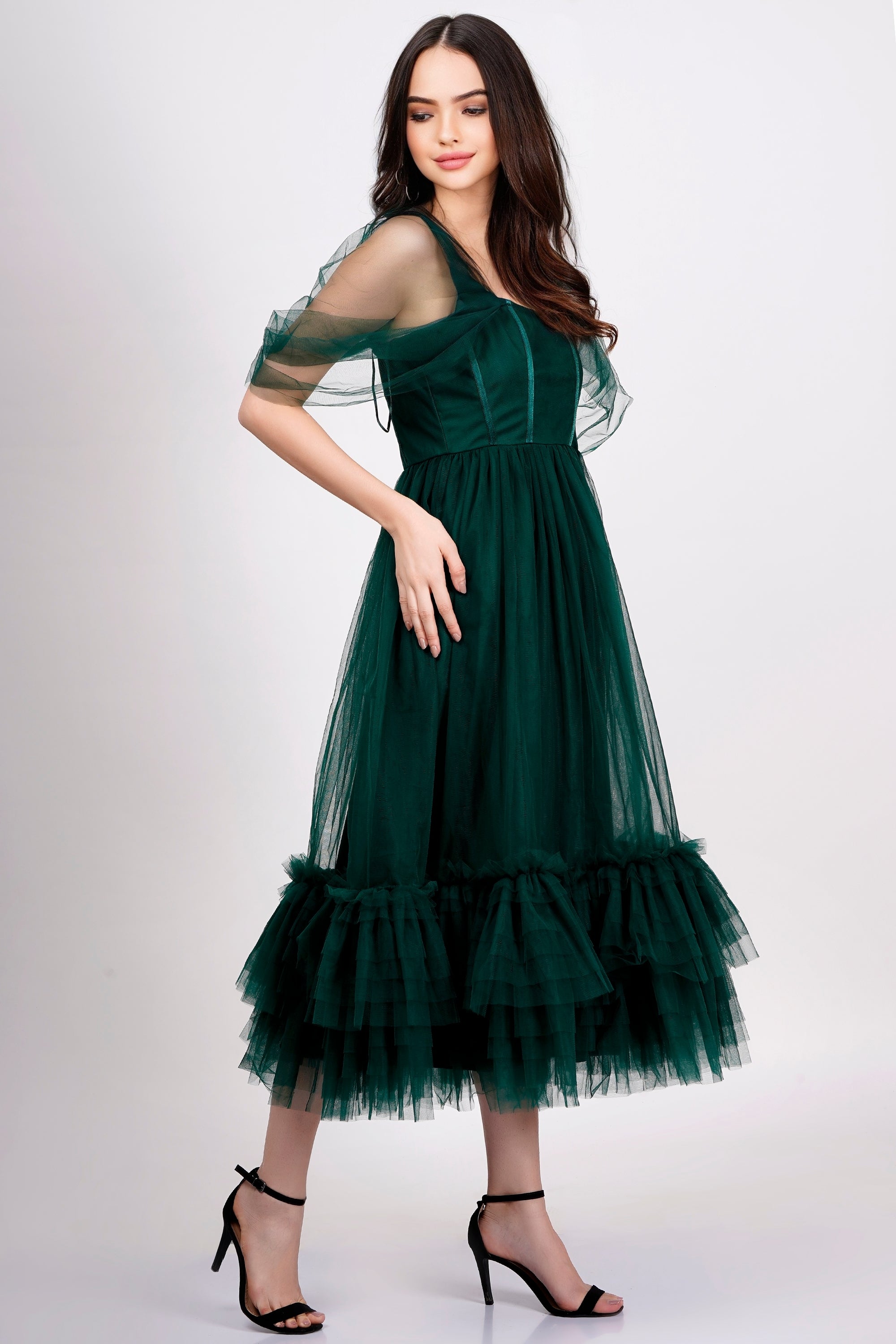 Jayne Emerald Green Tulle Midi Dress for Women - Elegant Party & Wedding Guest Dress - Perfect for Cocktail Parties, Bridesmaid, Prom & Special Occasions