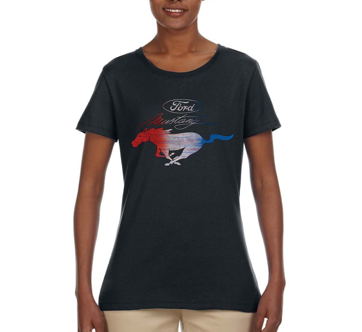 Ford Mustang Graphic T-Shirt for Women - USA Flag & Mustang Emblem Design - Casual Car Enthusiast Tee for Everyday Wear, Car Shows & Road Trips