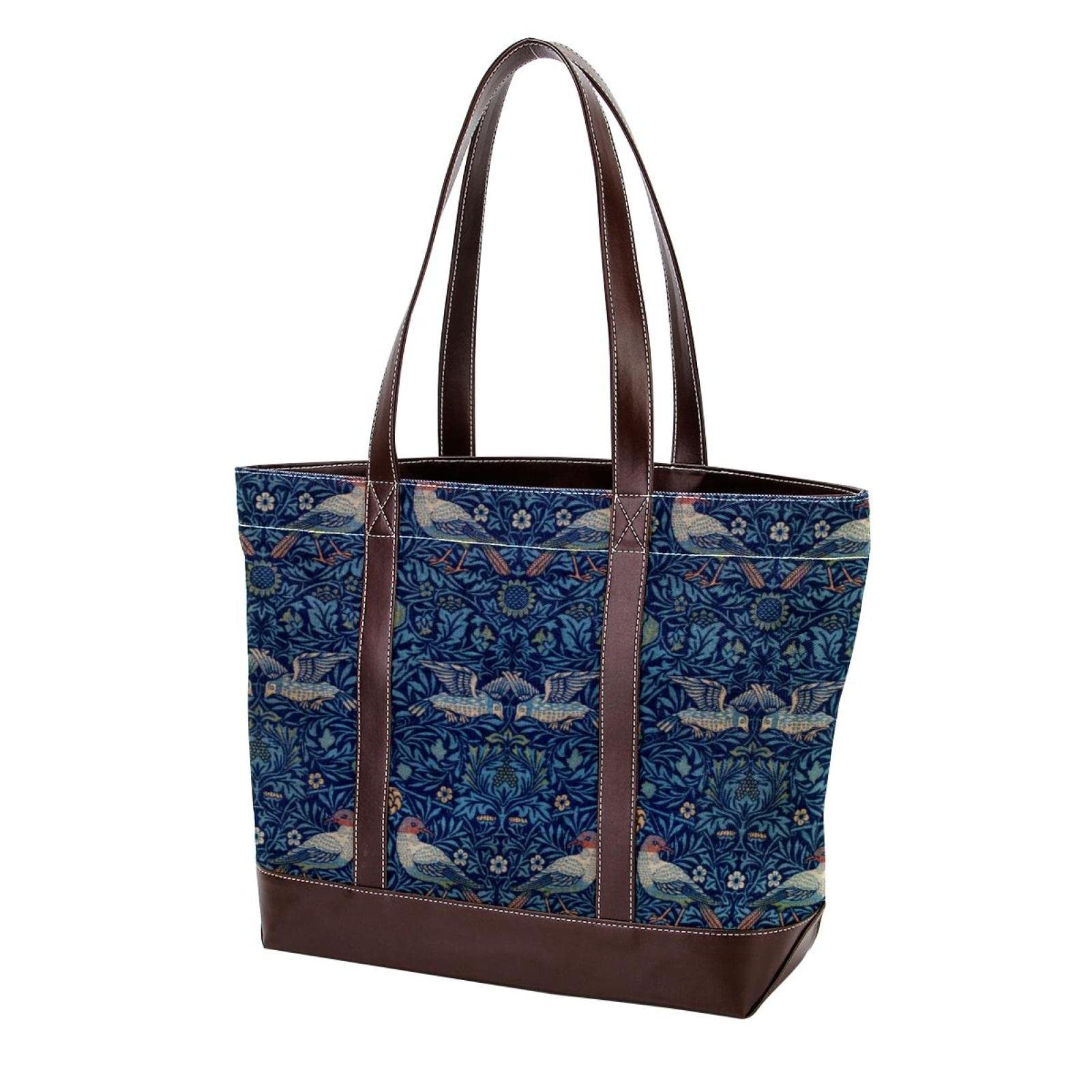 Stylish Vintage William Morris Tote Bag for Women - Peacock Blue Bird Floral Print, Large Beach Bag with Zipper, Durable Shoulder Purse & Laptop Bag | Perfect for Work, Travel, Shopping & Beach Outings