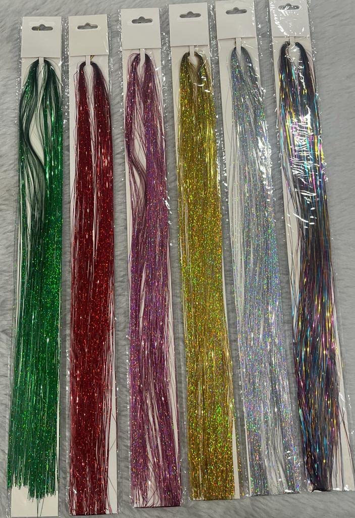 Flushia® 40 Inch Hair Tinsel Extensions - 3 Colors (2400 Strands) | Glitter Hair Highlights for Parties, Festivals & Special Occasions | Fairy Hair Glitter Extensions Set of 3 Pieces
