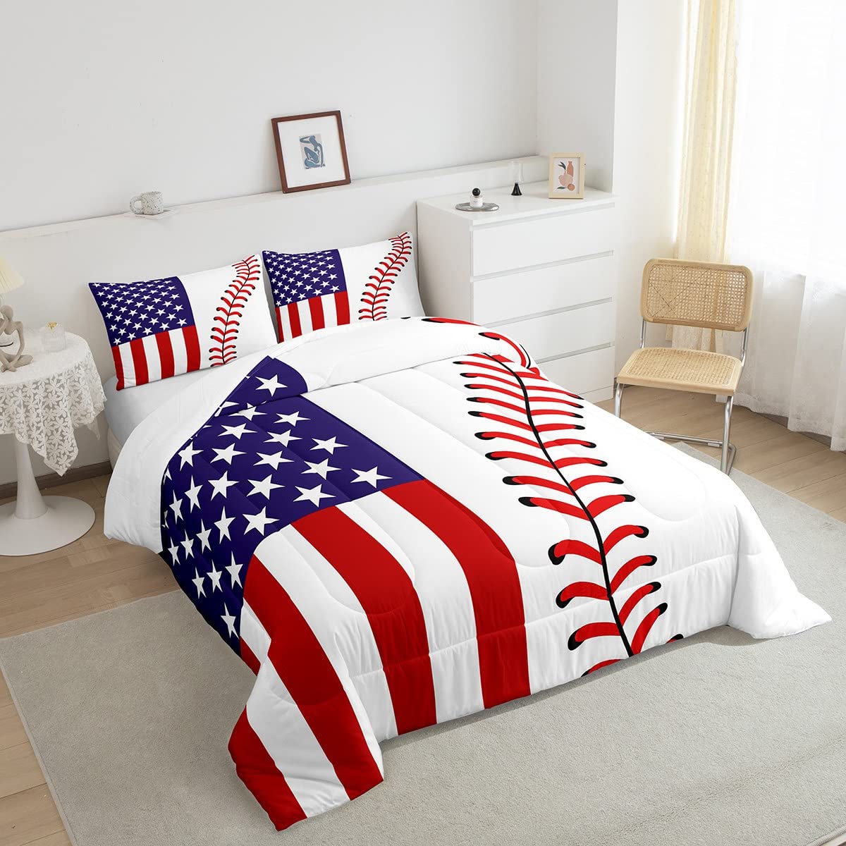 American Flag Comforter Set Twin - Abstract Baseball Bedding 2pc for Kids, Teens & Adults | Sports Themed Quilt with Pillowcase | Red & White Duvet Cover | Perfect for Boys Room, Game Day Decor & Patriotic Bedroom Style