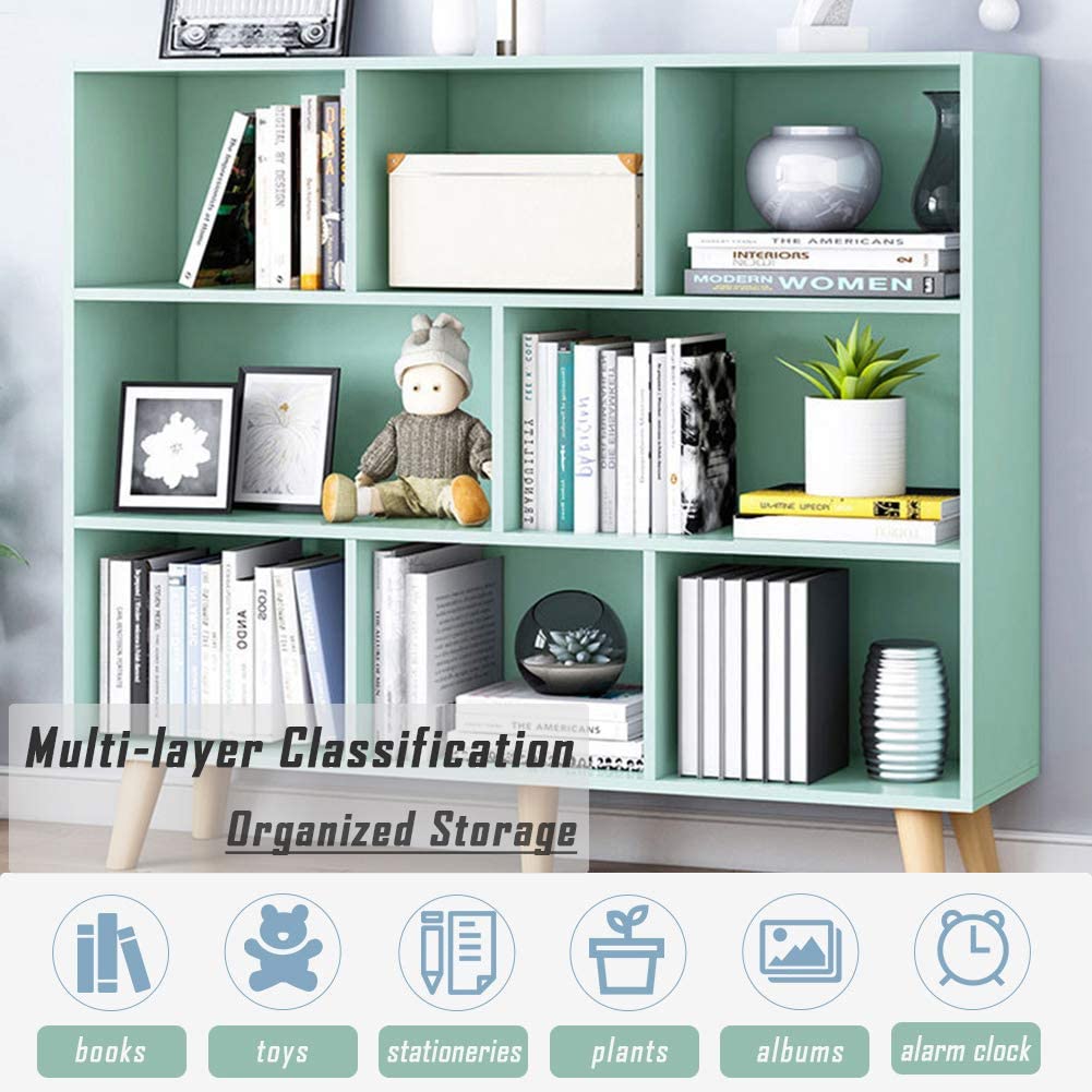 IOTXY 3-Tier Wooden Open Shelf Bookcase - Floor Standing Display Cabinet with 8 Storage Cubes, Modern Tiffany Green Home Decor | Perfect for Living Room, Bedroom & Office Organization