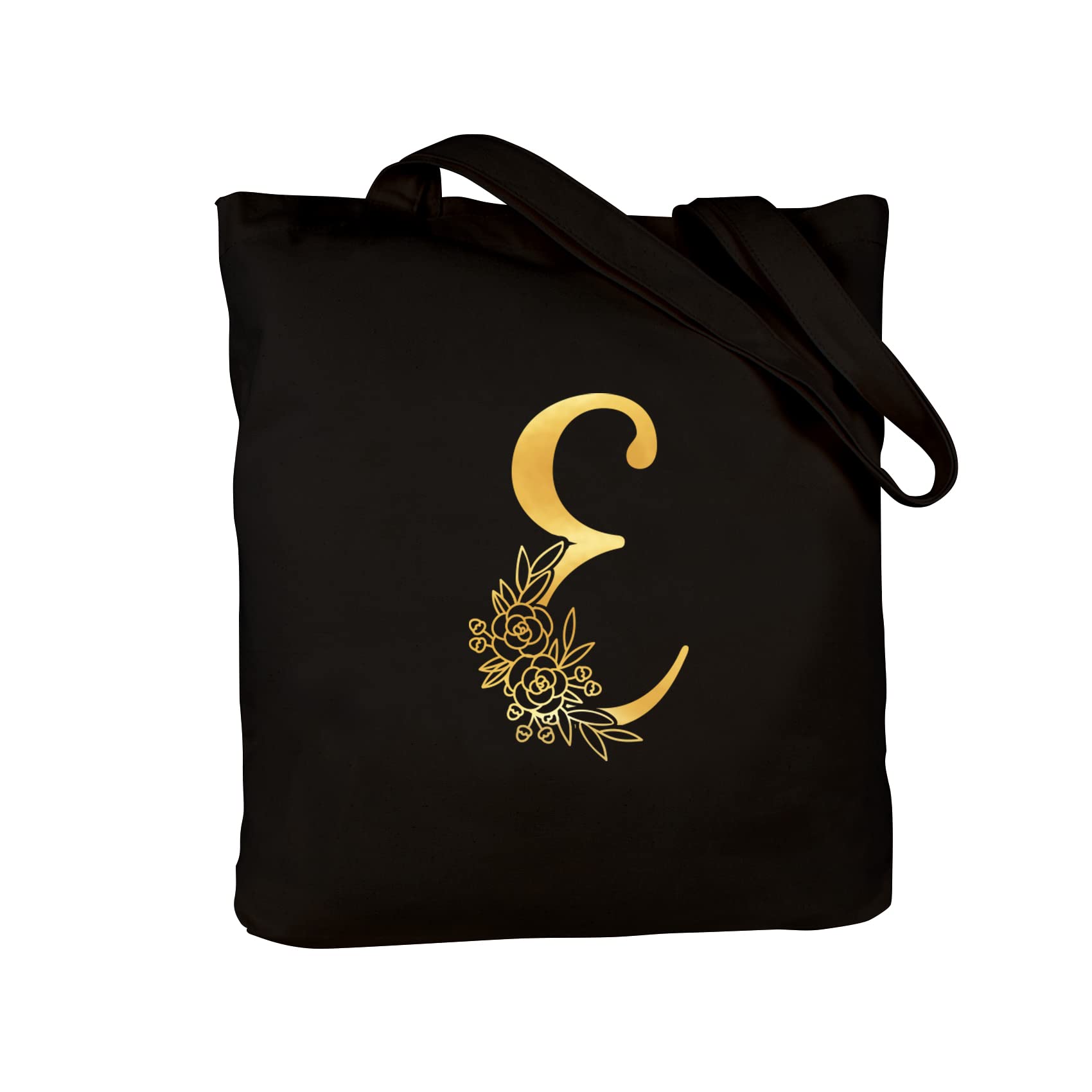 Personalized Monogrammed Canvas Tote Bag for Women - CARAKNOTS Initial E Tote with Pocket, Perfect Gift for Mom, Teacher, Best Friend & Bridesmaid (Black) - Great for Work, Shopping, Beach & Everyday Use
