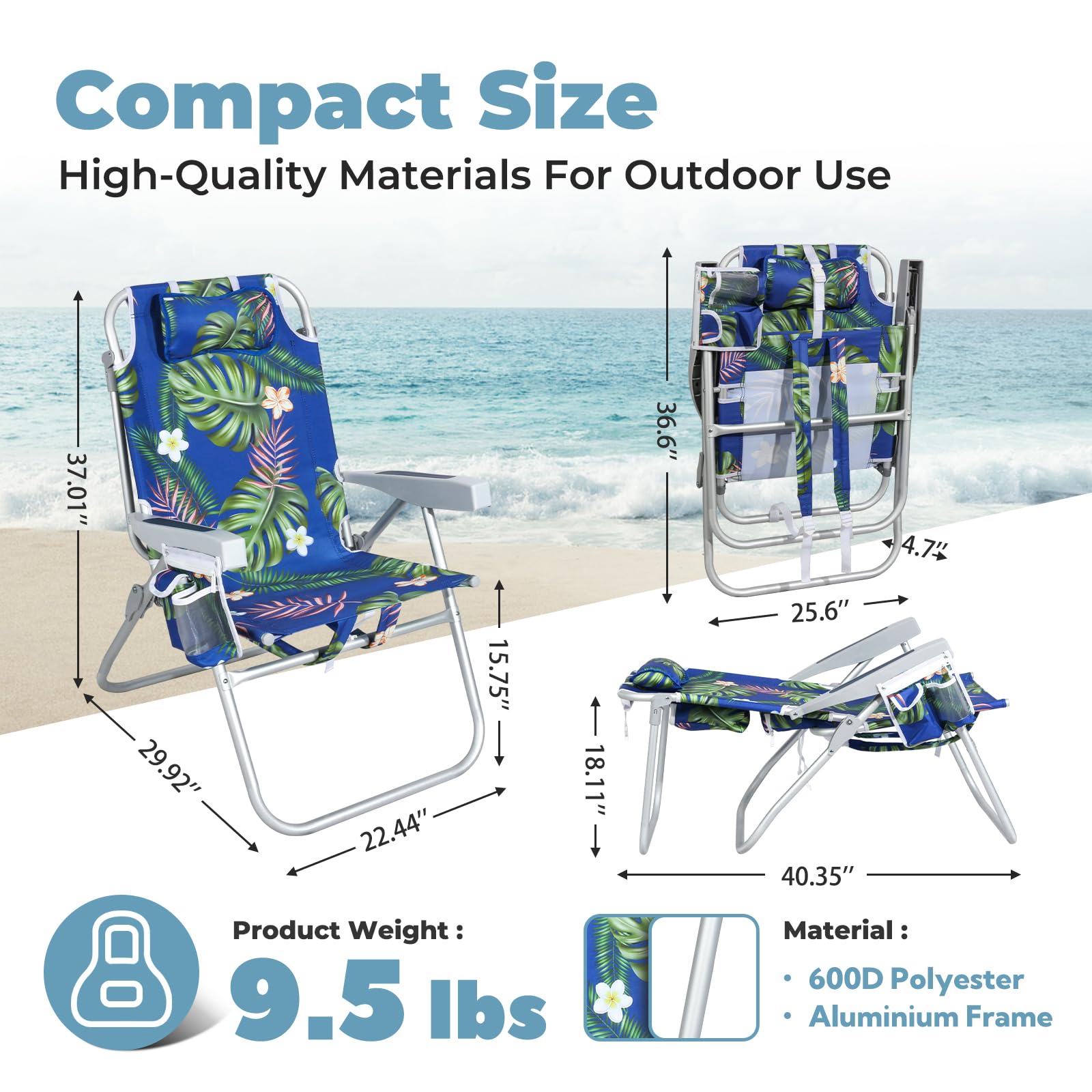 Best Tall Beach Chairs for Adults - 5-Position Reclining Backpack Chair with Large Insulated Cooler & Storage Pocket, Durable Aluminum Frame, Portable Folding Design for Travel, Camping & Outdoor Activities, Supports 300lbs - Tropical Palm Print for Beach, Poolside & Backyard Relaxation