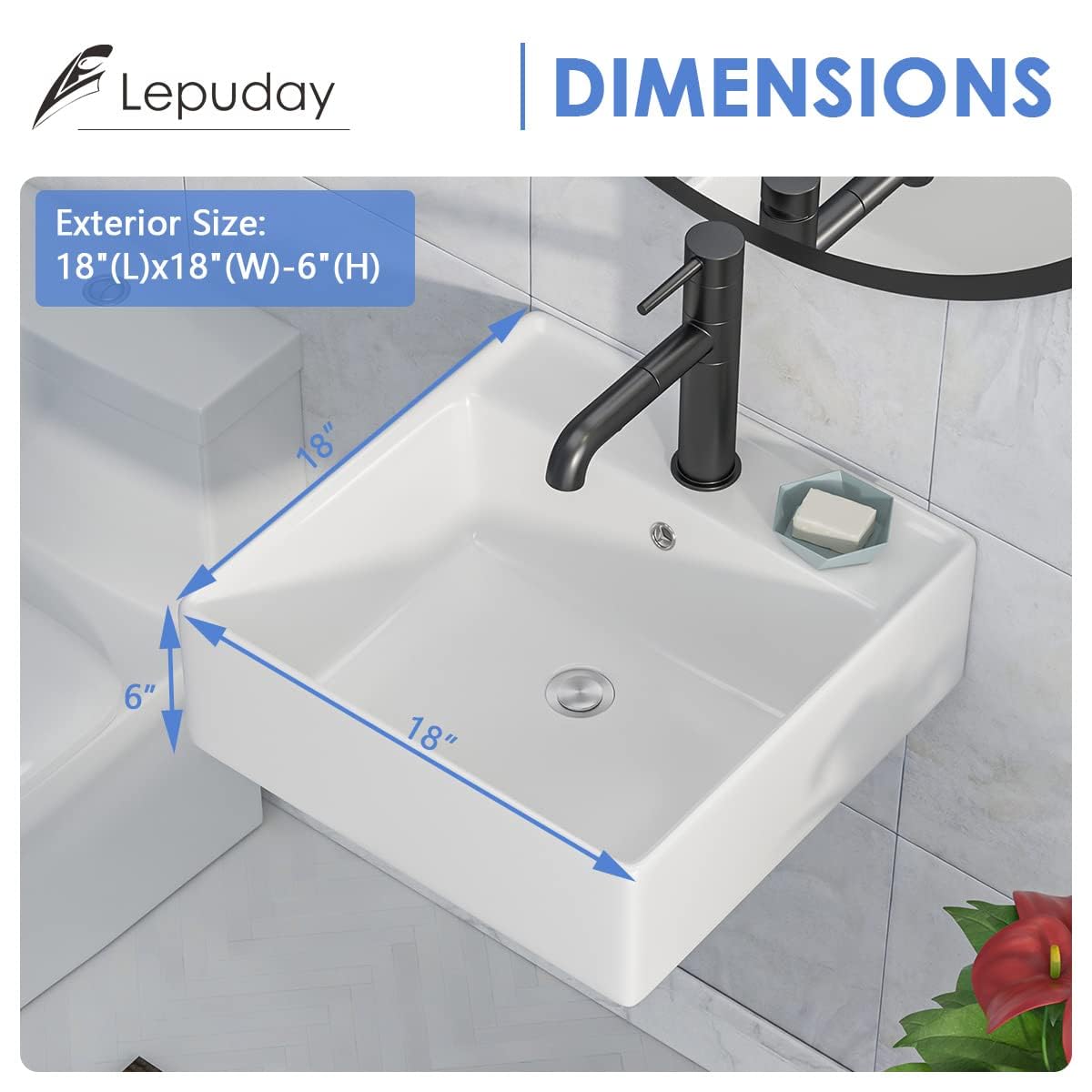 Lepuday 18x18 Inch White Ceramic Wall Mount Floating Vessel Sink - Modern Square Bathroom Sink for Small Spaces, Powder Rooms & Contemporary Vanities