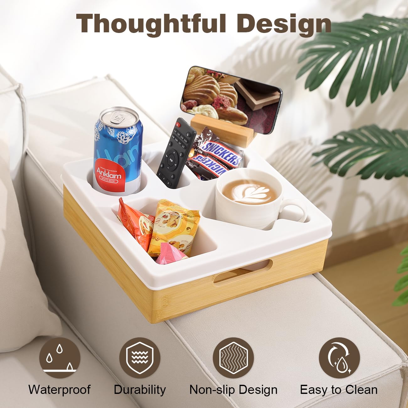 Rotatable Couch Cup Holder Tray with Phone Stand - Waterproof Sofa Organizer for Beverages, Snacks & Remote Control - Perfect for Living Room, Bedroom & Home Theater (White)