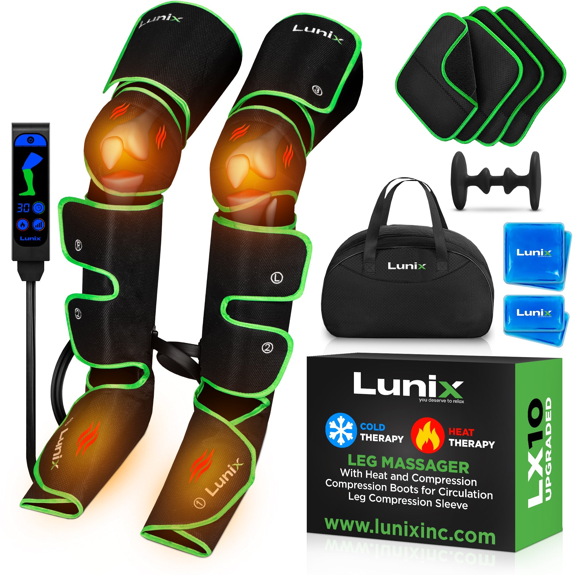 Upgraded LX10 Full Leg Compression Massager with Hot/Cold Pack - Green - Relieve Muscle Pain & Improve Circulation for Athletes & Recovery