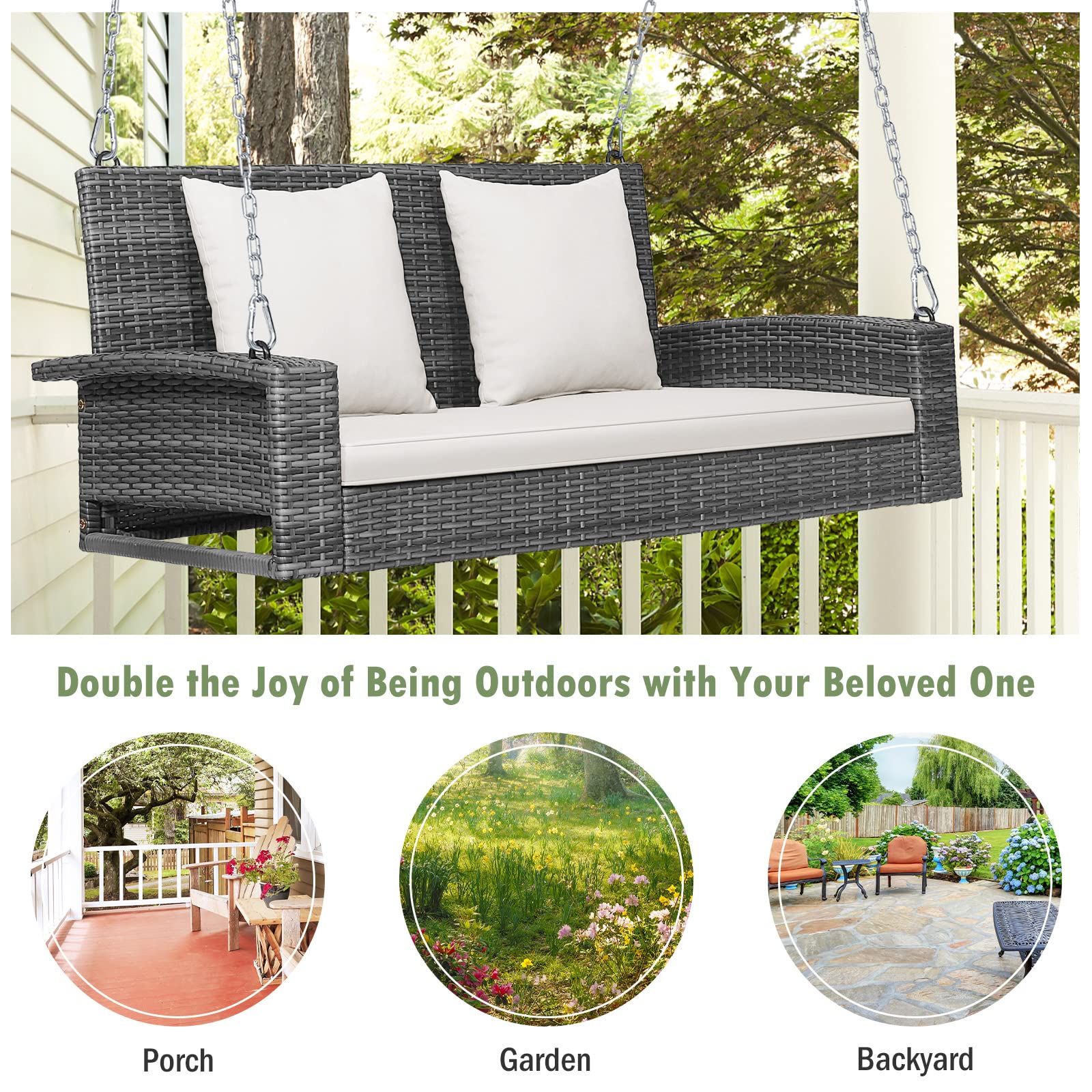 Tangkula 2-Person Wicker Hanging Porch Swing with Cushions - 800LB Capacity Outdoor Rattan Swing Chair with Rustproof Steel Chains - Perfect for Patio, Garden, Balcony & Backyard Relaxation