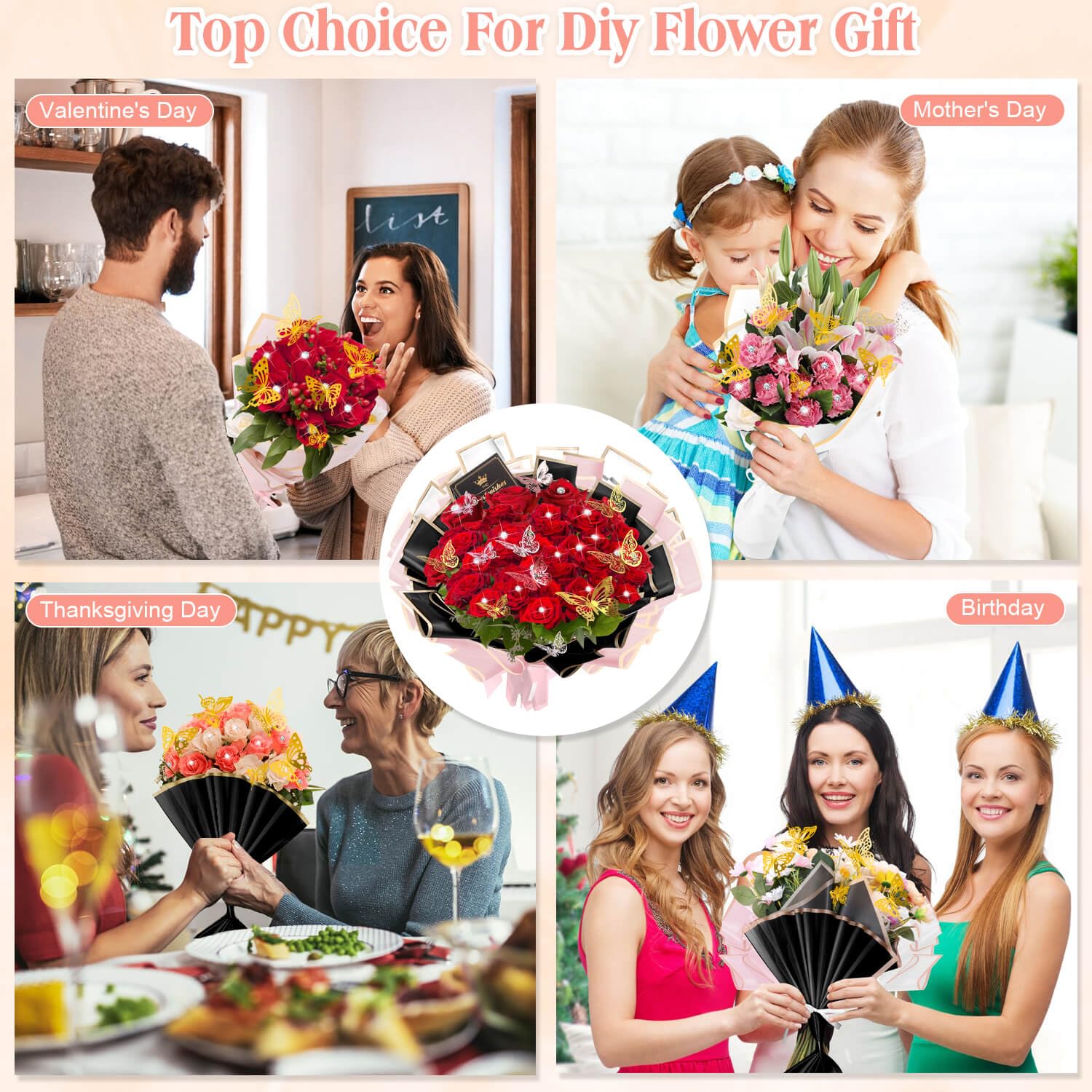 Tetutor 241-Piece Waterproof Floral Wrapping Paper Set - Bouquet Wrapping Sheets with Ribbons, Flower Pins, 3D Butterflies & Crowns for Professional Florists | Perfect for Wedding Bouquets, Gift Wrapping & Flower Arrangements