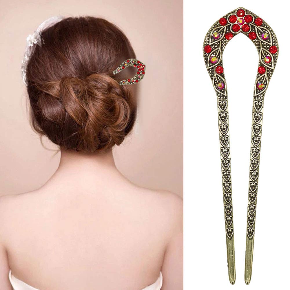 2 Pcs Vintage Crystal Rhinestone Hair Sticks - Double Prong Hair Pins for Chignon, Bun & Updo Hairstyles - Perfect for Weddings, Parties & Special Occasions