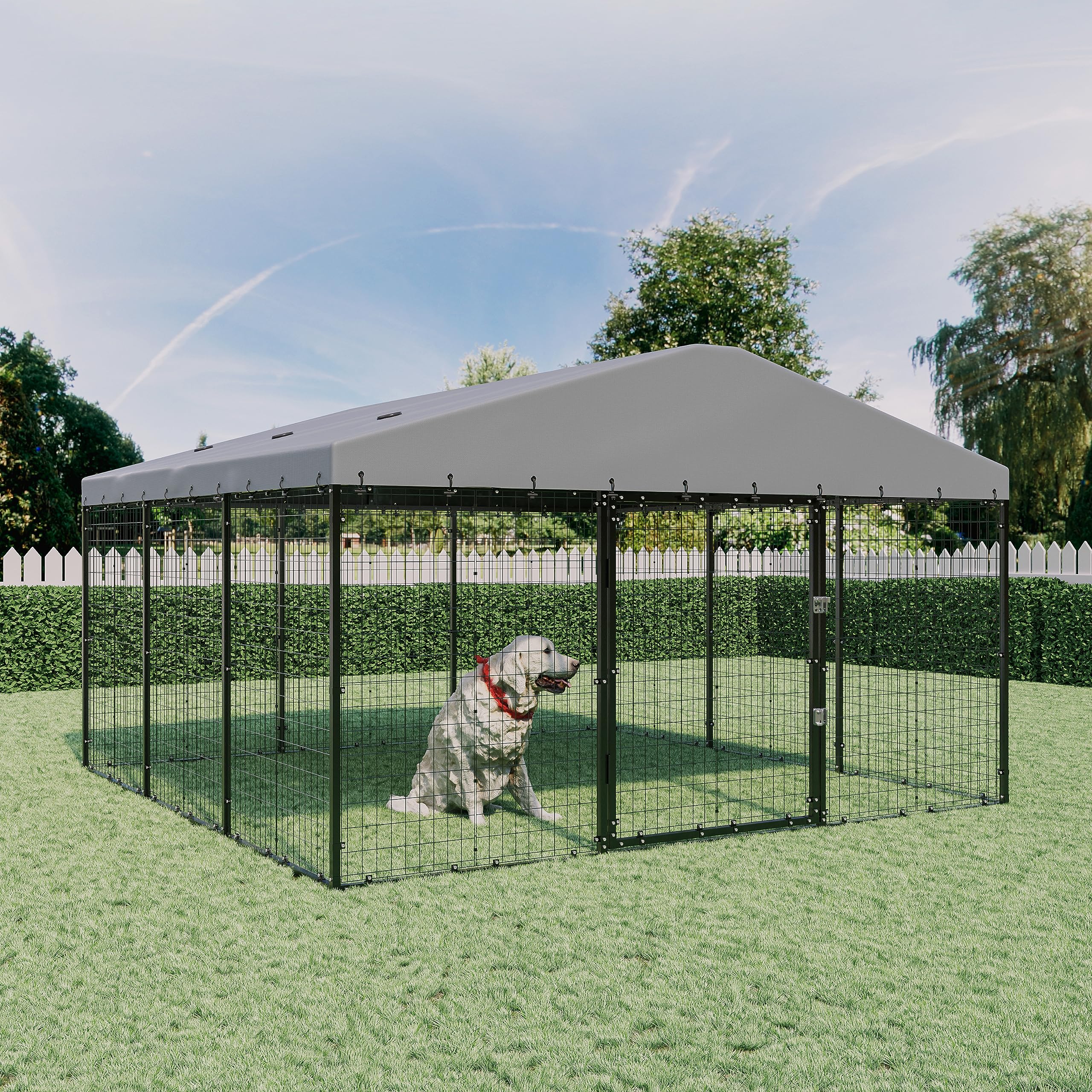 Large Heavy Duty Outdoor Dog Kennel with Roof - Galvanized Steel Dog Cage for Big Dogs, Secure Fence Pen with Ground Nails & Double Safety Rotating Door Lock - Perfect for Backyard, Kennel Training, and Pet Safety