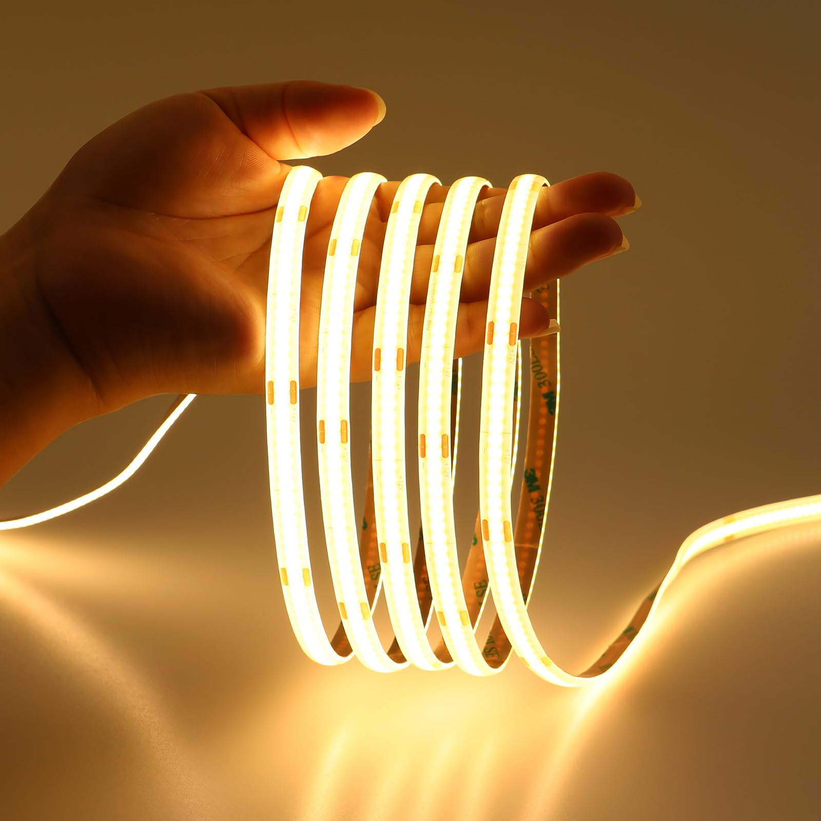 JOYLIT 12V COB LED Strip Light 3000K Warm White, 6M 320LEDs/M 4500LM Uniform Brightness, CRI 90+ Flexible Adhesive Dimmable LED Tape for Home, Kitchen, Bedroom, Cabinet Lighting (LED Strip Only)