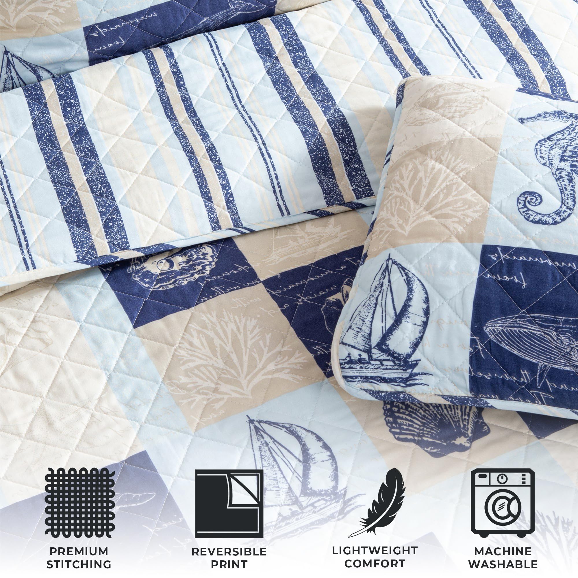 King Coastal Quilt Bedding Set - Lightweight Reversible Summer Beach Quilt with Shams, 3-Piece All Season Nautical Bedspread | Caspian Collection in Navy/Taupe | Perfect for Beach House, Guest Room & Coastal-Themed Bedrooms