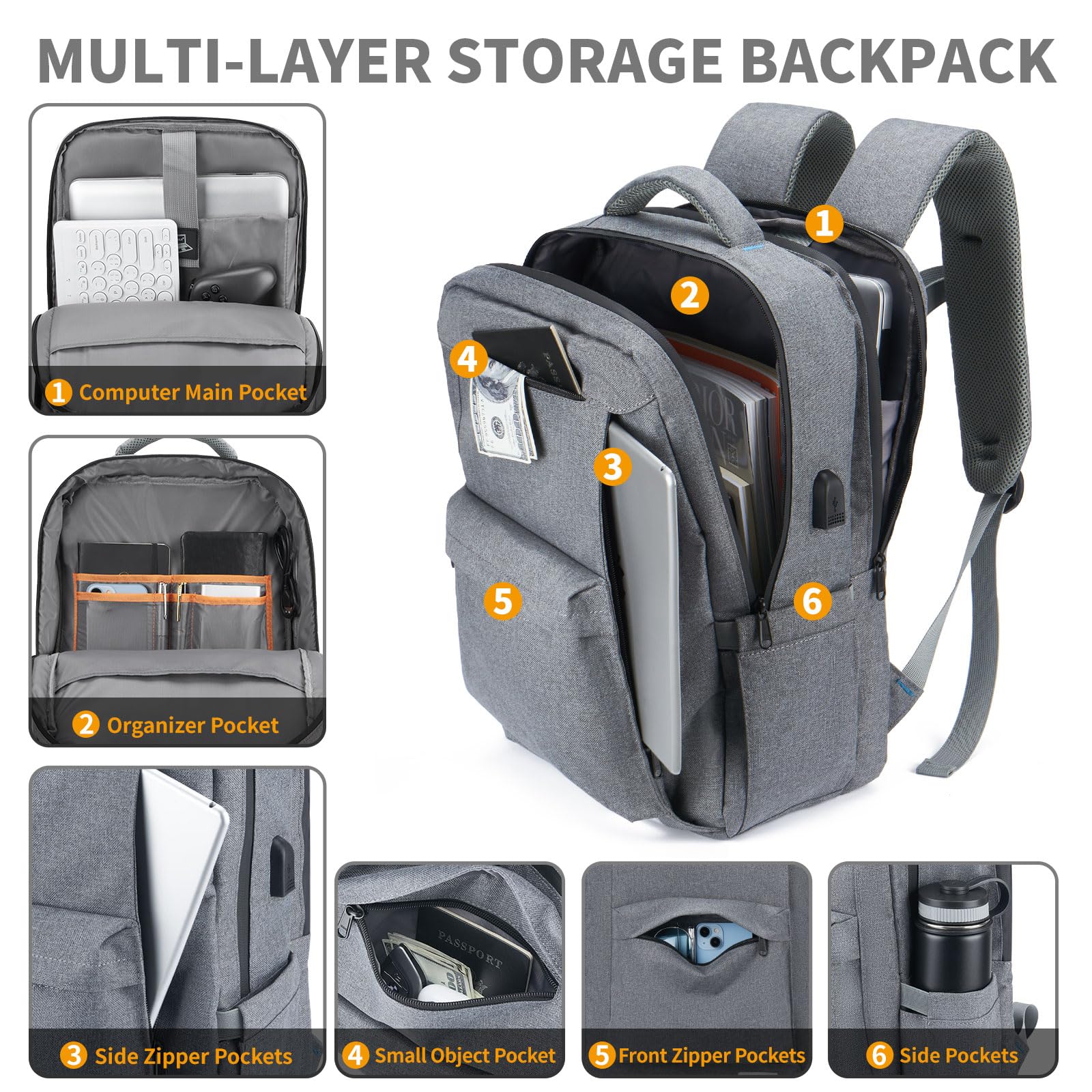 Stylish Unisex Laptop Backpack for Work & Travel - 17 Inch Gray Business Backpack with Dedicated Laptop Compartment - Perfect for Commuting, College & Casual Daily Use