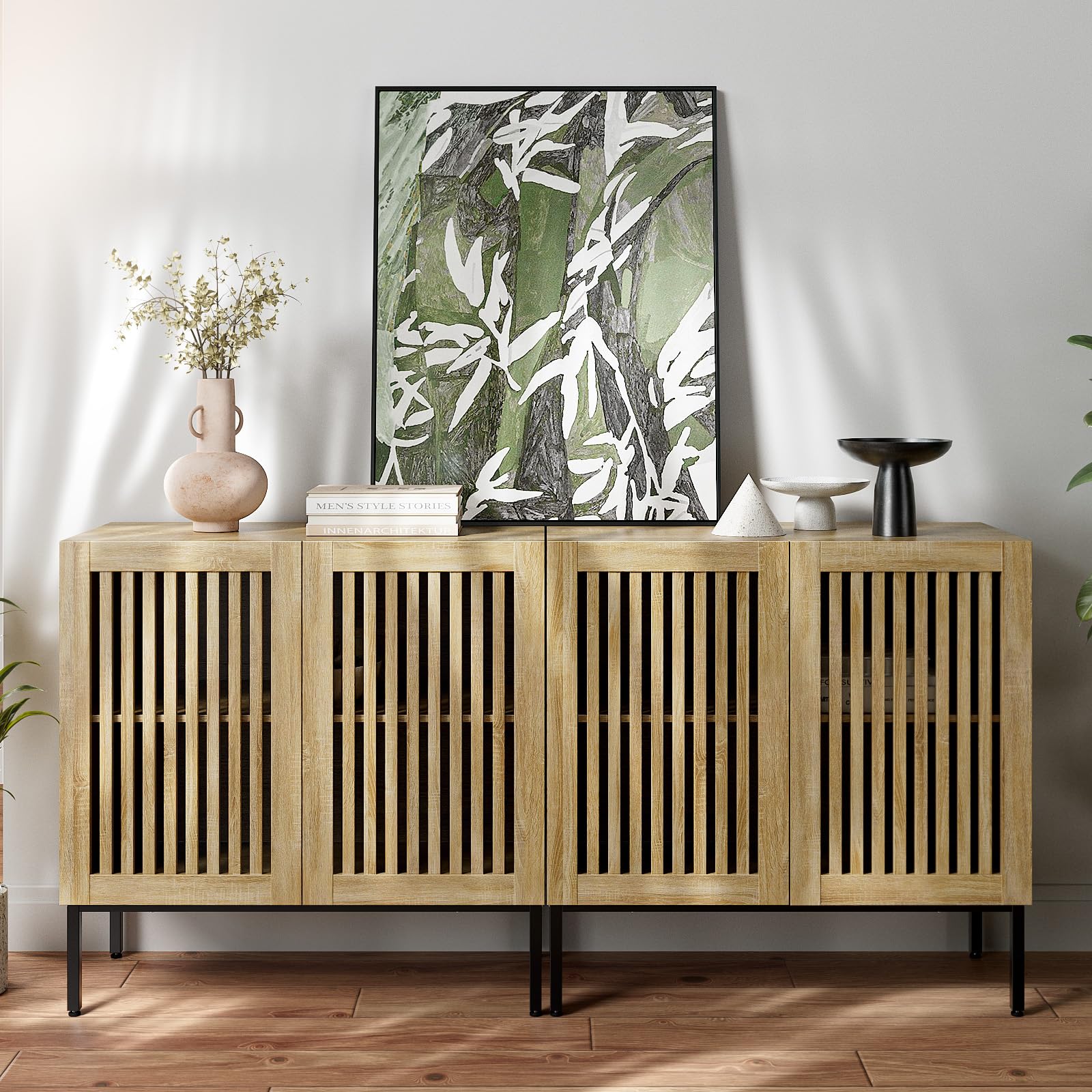 Farmhouse TV Stand for 70 Inch TVs - 2-in-1 Entertainment Center with Storage Cabinets & Metal Base, Oak Media Console for Living Room - Perfect for Home Theater Setup & Living Room Organization