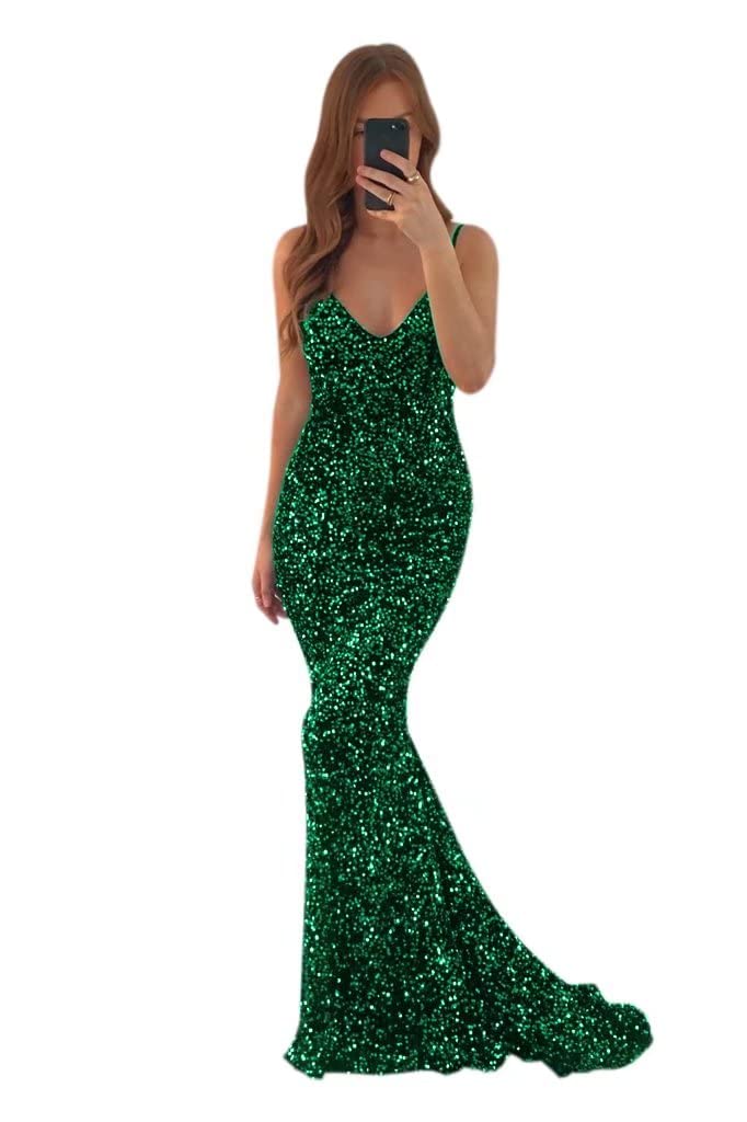RYANTH Women's Long Backless Sparkly Mermaid Prom Dress with Train - Elegant Emerald Green Evening Gown for Parties, Pageants & Special Occasions | Perfect for Prom, Homecoming, Quinceañera & Formal Events