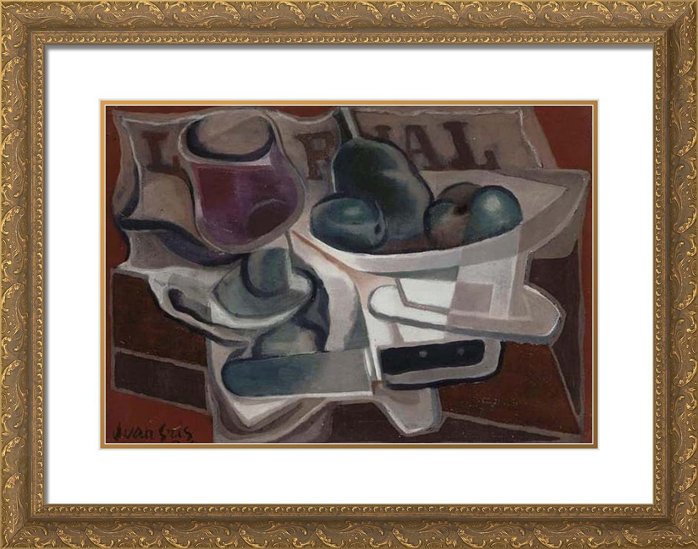 Juan Gris 'Fruit Dish and Glass' 24x19 Gold Ornate Framed Art Print with Double Matting - Vintage Cubist Wall Decor for Living Room, Office & Gallery Display