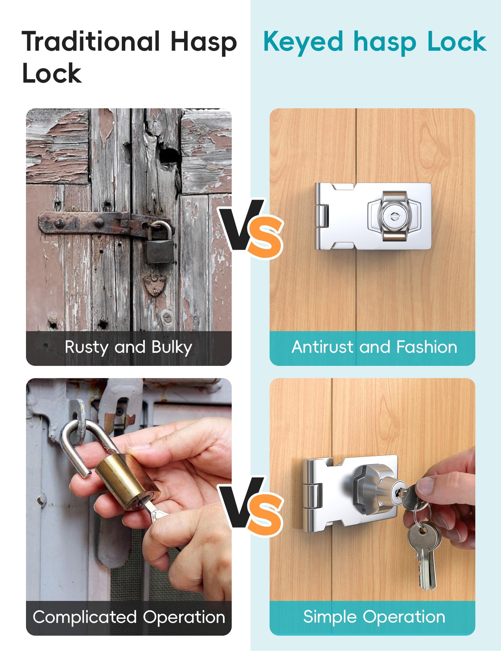 2.5 Inch Keyed Hasp Locks with Twist Knob - 4 Pack Silver Cabinet Locks with Keys - Secure Storage, Toolboxes, Mailboxes & Outdoor Enclosures