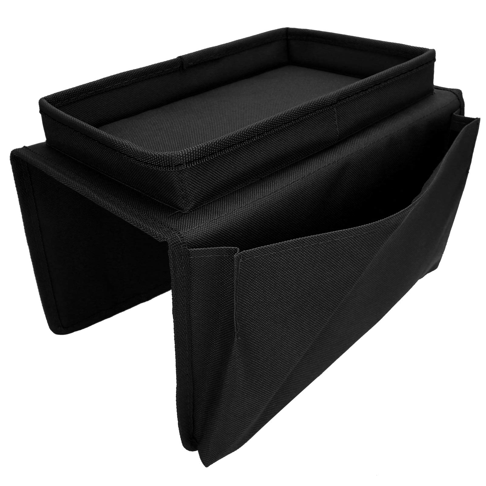 Black Sofa Storage Bag with Top Tray - Organizer for Glasses, Snacks, Earphones, Magazines, Notebooks & Pens | Perfect for Living Room, Bedroom & Office Organization