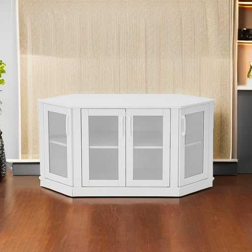 Panana 47 Inch Corner TV Stand with 4 Doors & Shelves - White Media Console for Living Room, Fits TVs up to 51 Inch - Perfect for Small Spaces & Apartment Entertainment Centers