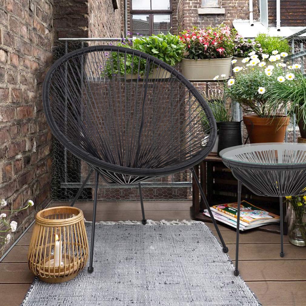 **FDW 2-Piece Outdoor Bistro Set - All-Weather Acapulco Chairs with Glass Top Side Table, Black Hammock Weave Patio Furniture for Garden, Balcony & Small Spaces**