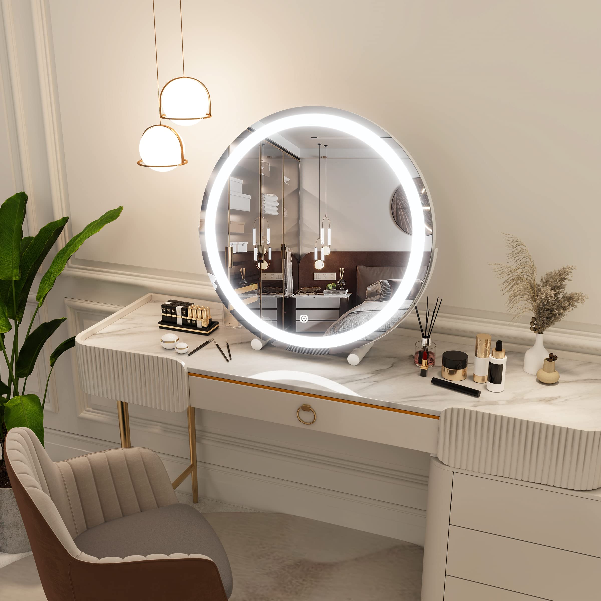 FENNIO 18 Inch Large LED Vanity Mirror with Touch Screen - 3 Color Dimmable Lighting, Round Lighted Makeup Mirror for Vanity Desk, Bedroom, Dressing Room & Professional Makeup Application