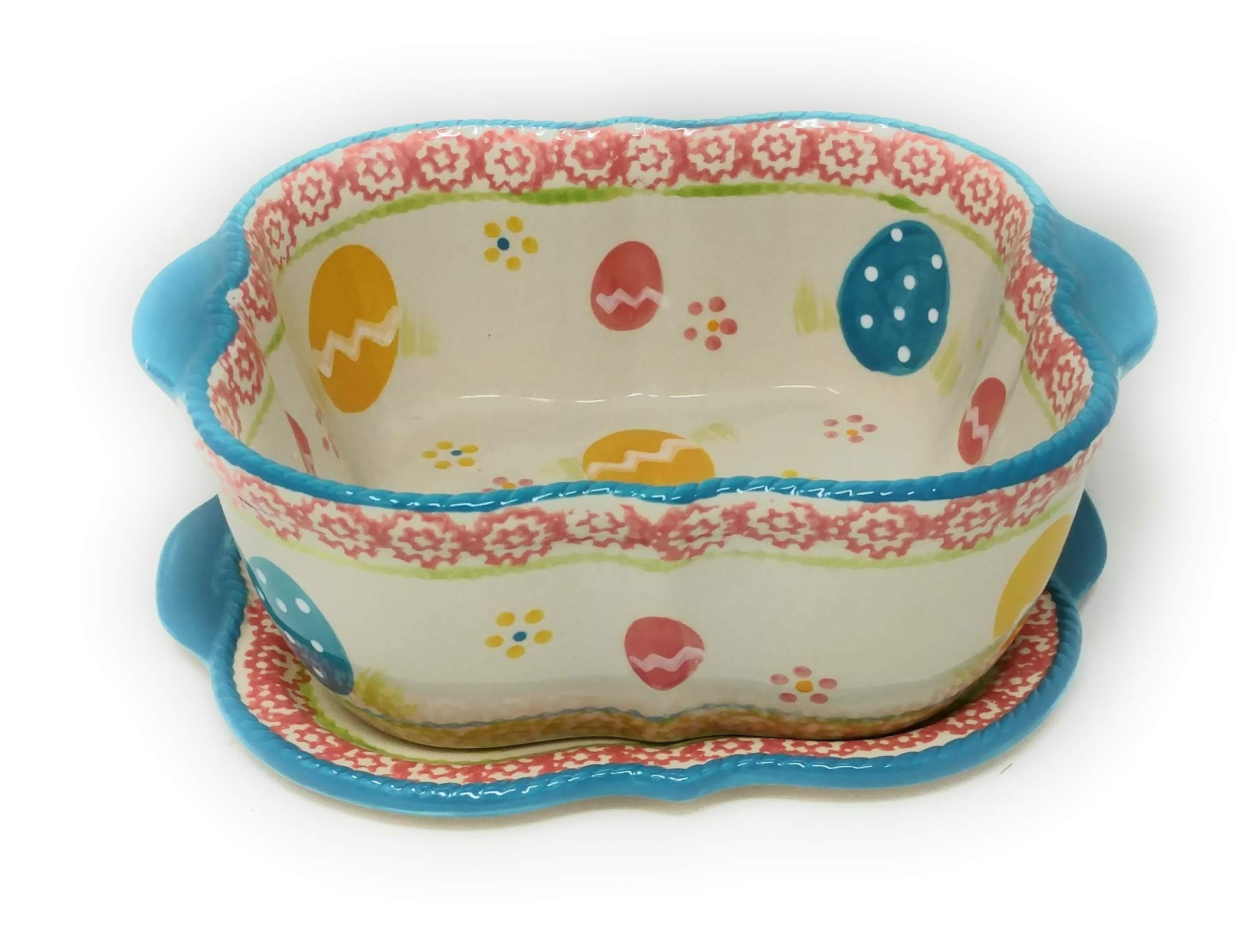 Temp-tations Sculpted 1.5 Qt Baking Dish with Lid & Trivet - Old World Egg Hunt Design - Perfect for Casseroles, Pies & Holiday Baking - Oven & Microwave Safe Stoneware for Family Dinners & Entertaining