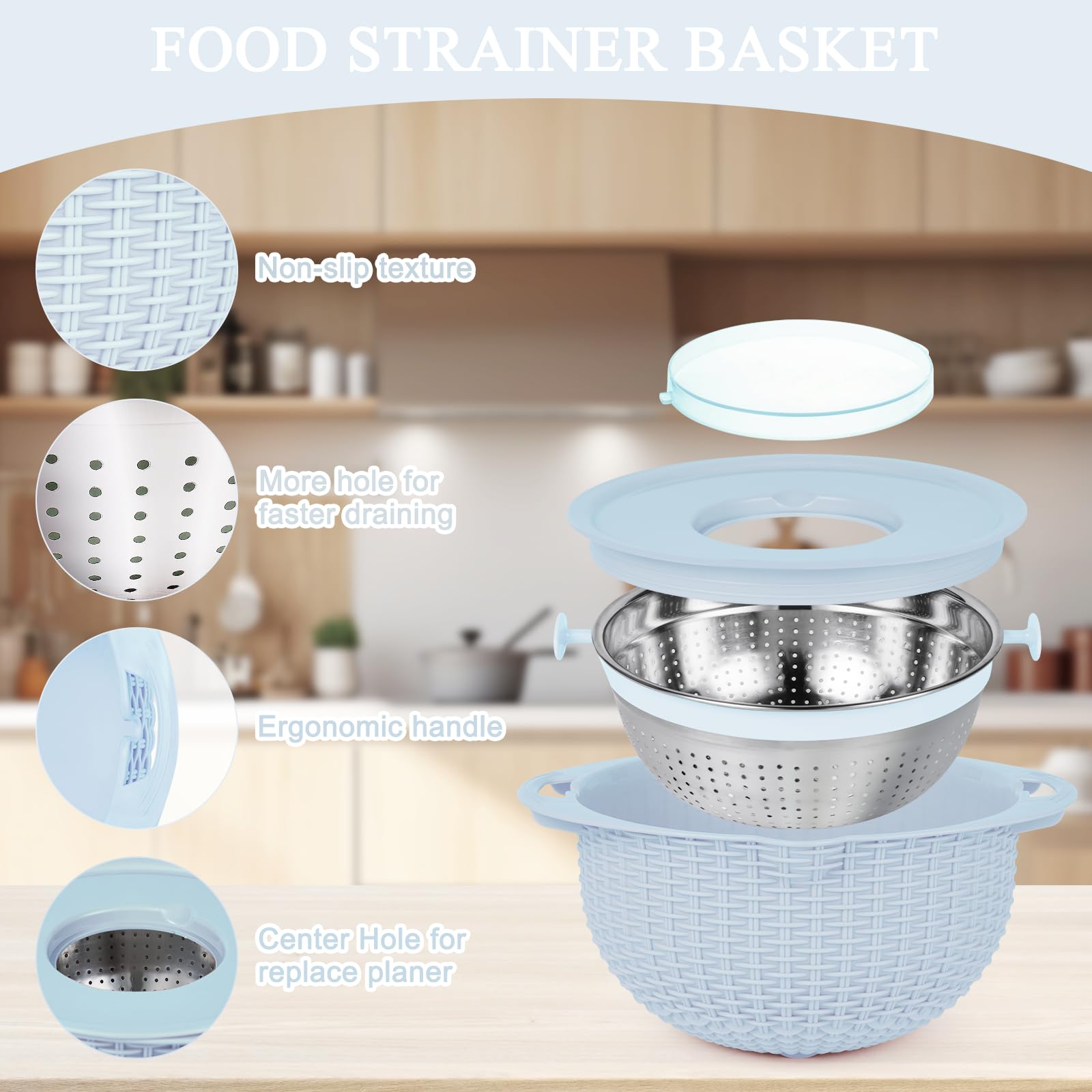4-in-1 Rotating Colander and Mixing Bowl Set - Kitchen Strainer for Pasta, Rice, Fruits & Vegetables - Durable Food Wash Basket with Handle - Perfect for Meal Prep, Cooking & Washing Produce (Blue)