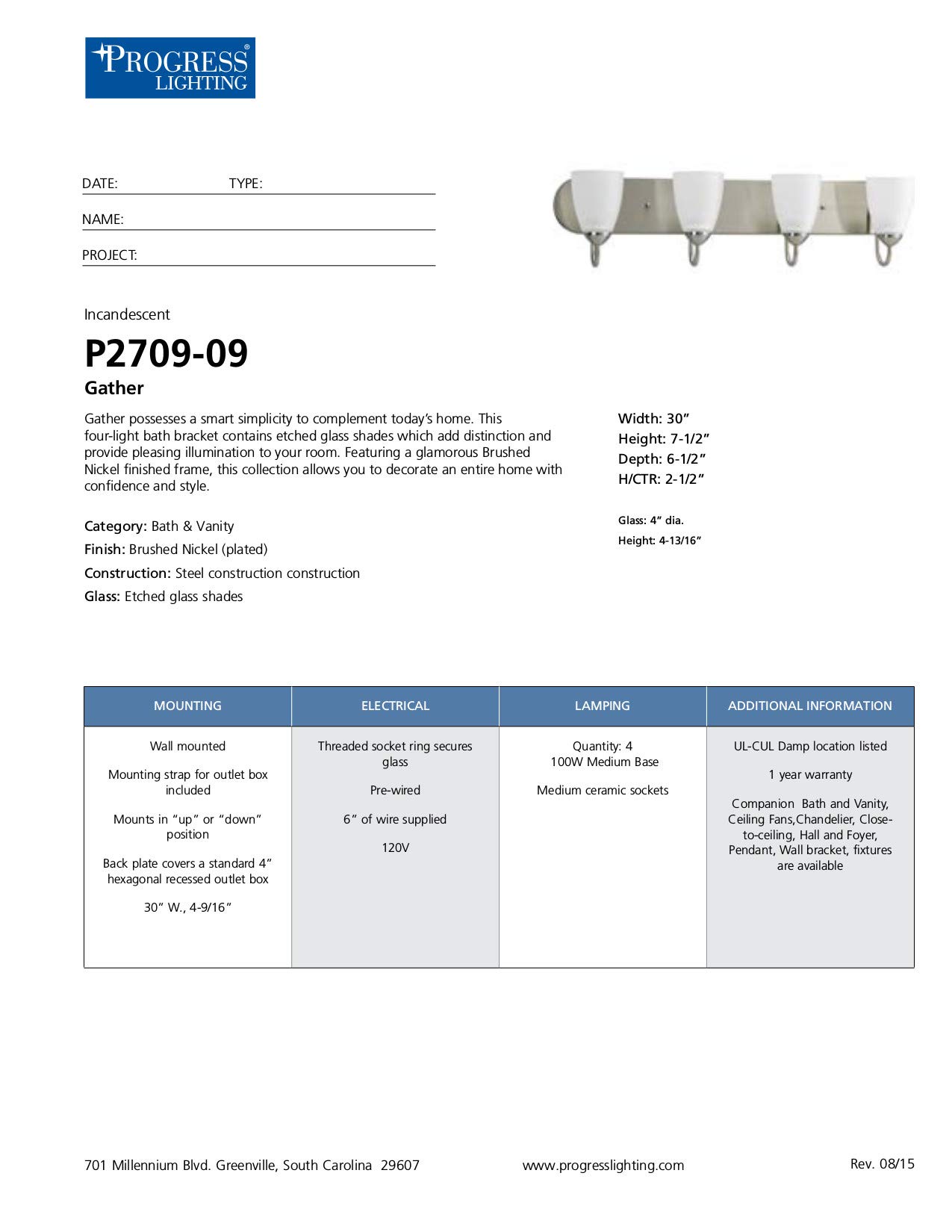 Progress Lighting P2709-09 Gather Bath & Vanity Light Fixture in Brushed Nickel Finish - Perfect for Bathroom Vanity, Powder Room, and Dressing Area Lighting